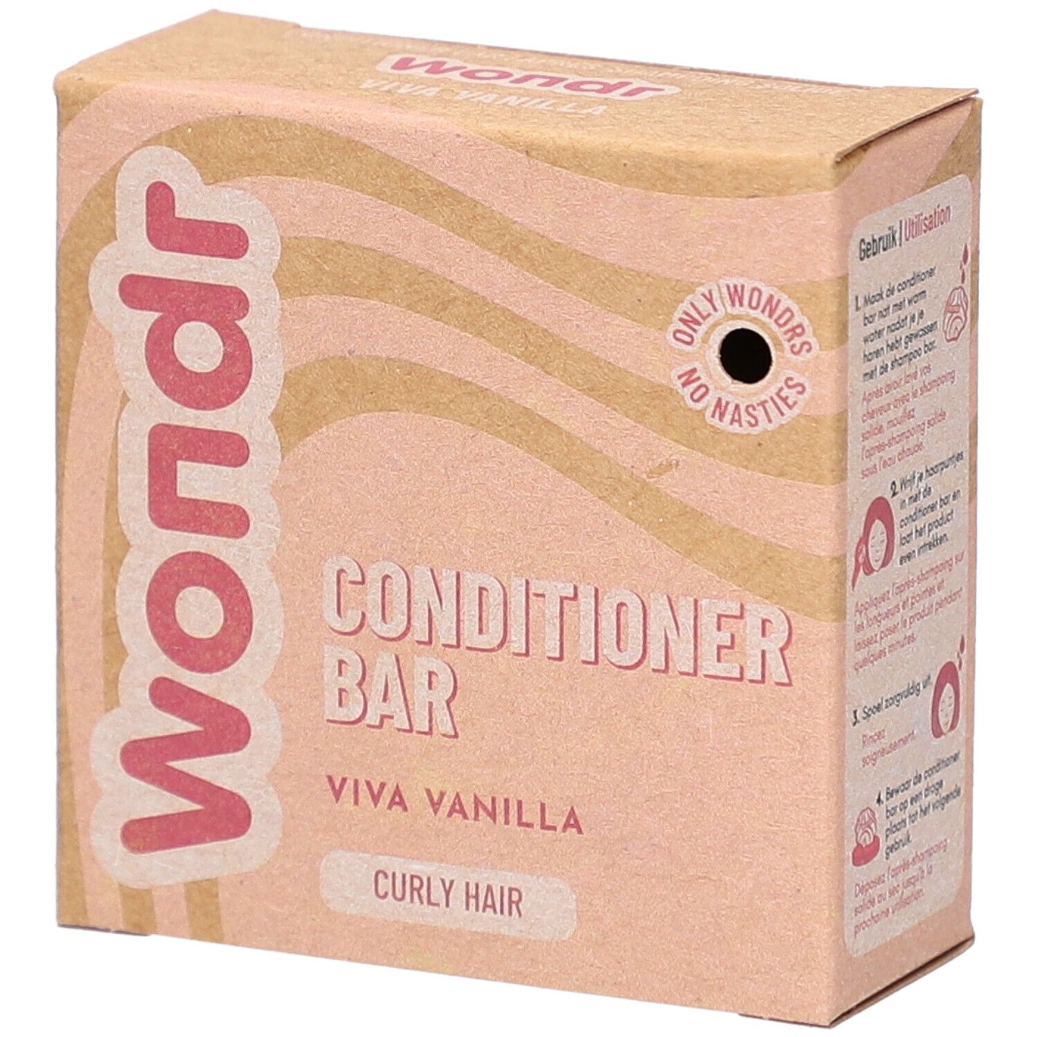 Kartonnen verpakking met roze tekst "Wondr", "Conditioner Bar", "Viva Vanilla", "Curly Hair".