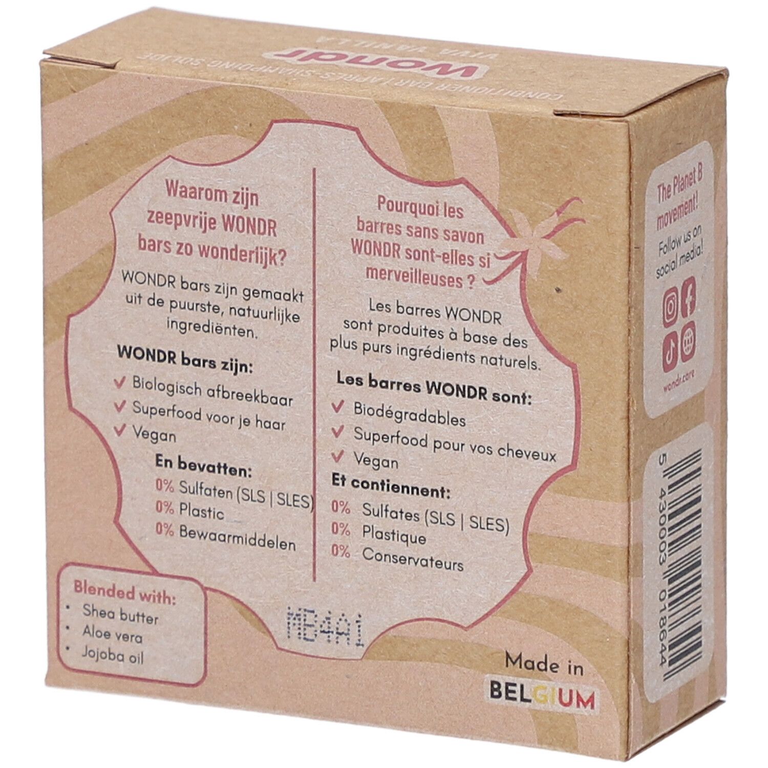 Achterkant van de kartonnen verpakking met tekst in het Duits en Frans, ingrediënten en herkomst.