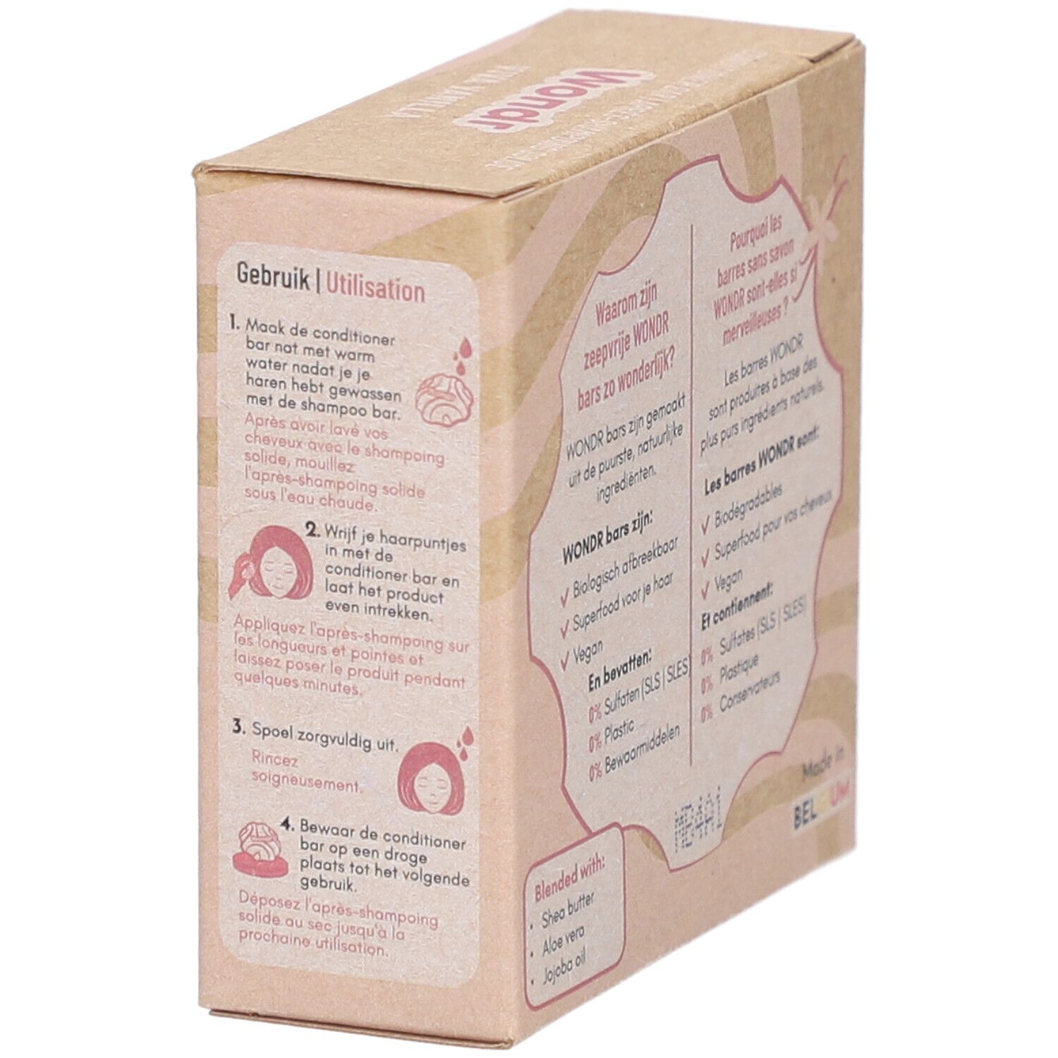 Kartonnen verpakking met gebruiksaanwijzing in het Nederlands en tekst in het Frans.