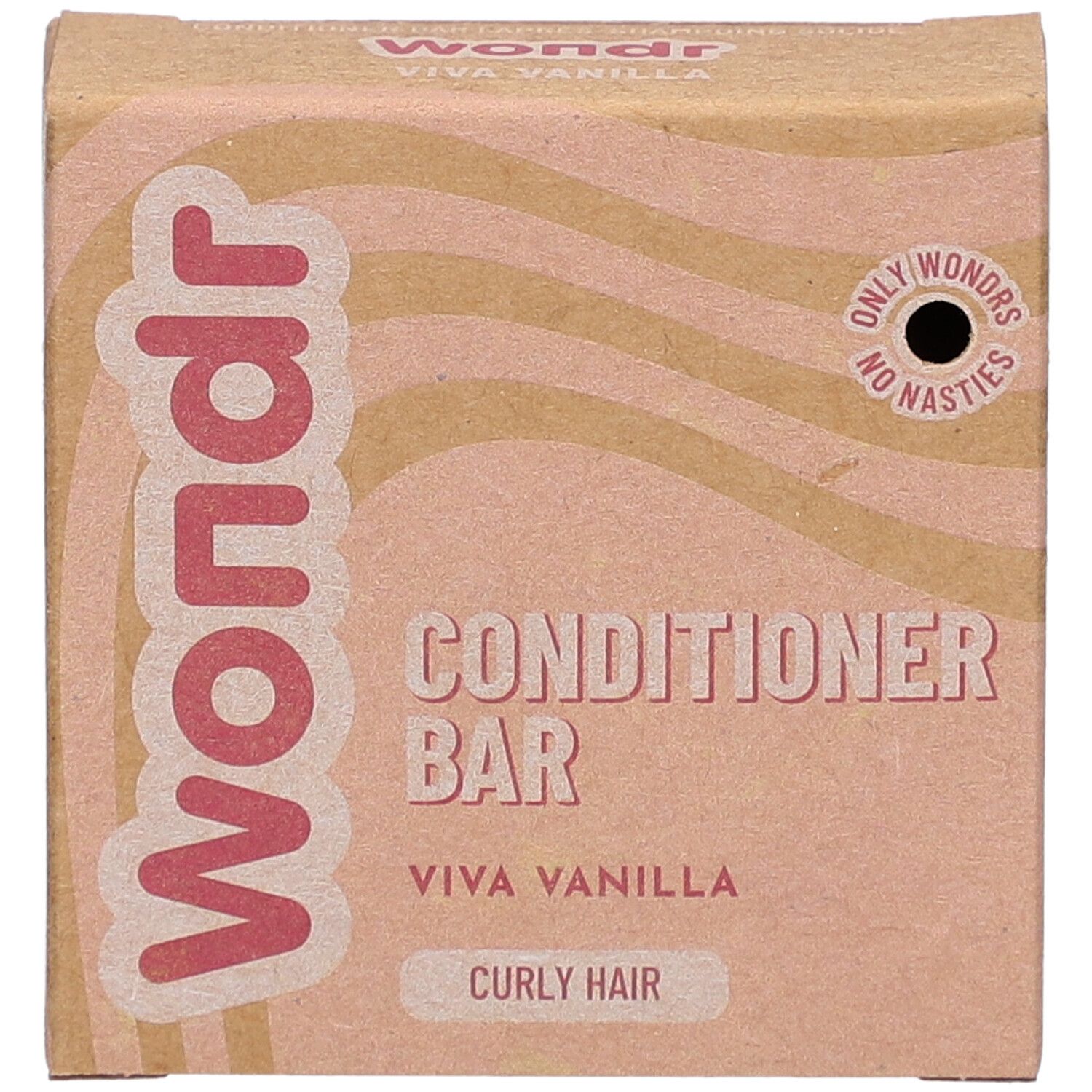 Bovenaanzicht van de kartonnen verpakking met roze tekst "Wondr", "Conditioner Bar", "Viva Vanilla", "Curly Hair".