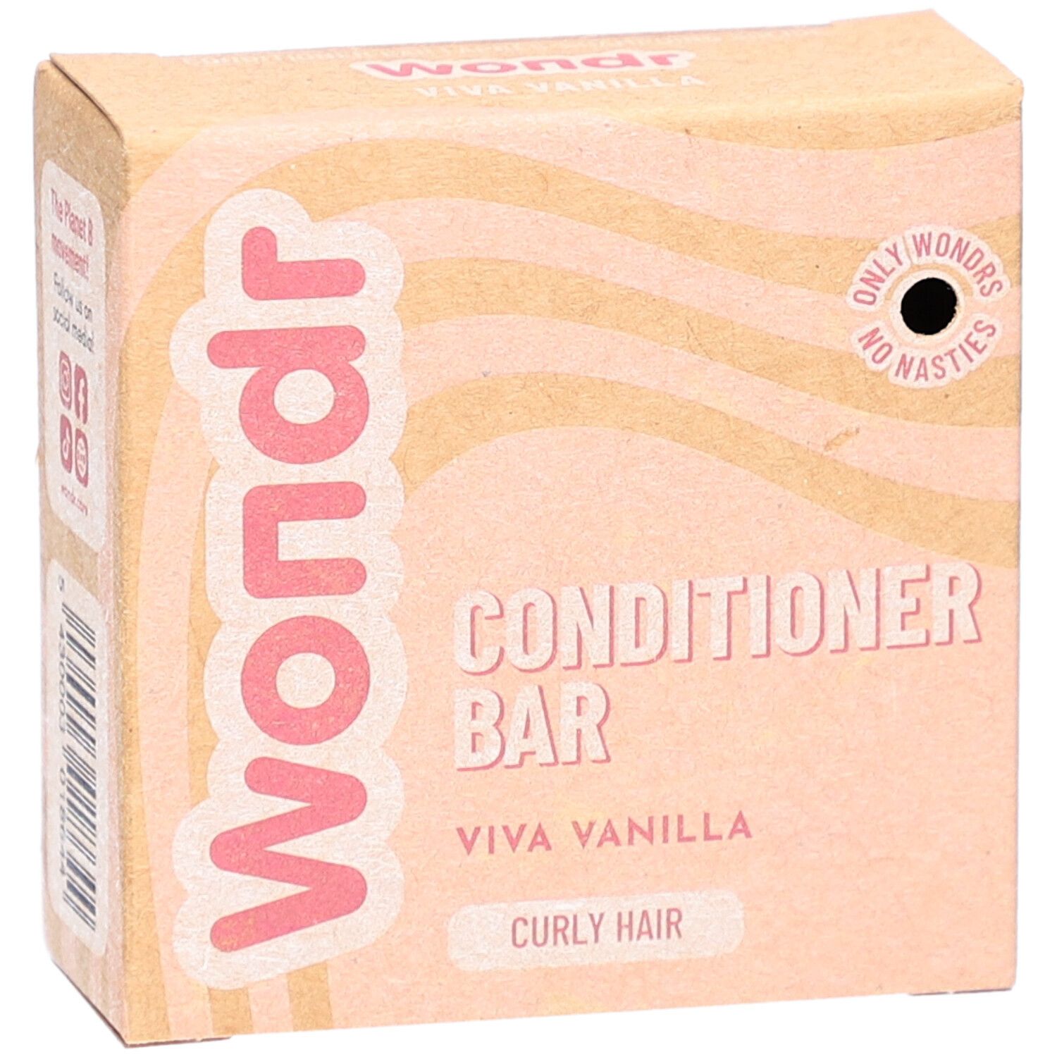 Kartonnen verpakking met roze tekst "Wondr", "Conditioner Bar", "Viva Vanilla", "Curly Hair".
