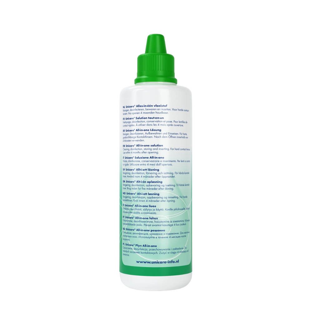 Groene fles met groene dop. Achterkant met tekst in meerdere talen. Voor contactlenzen.