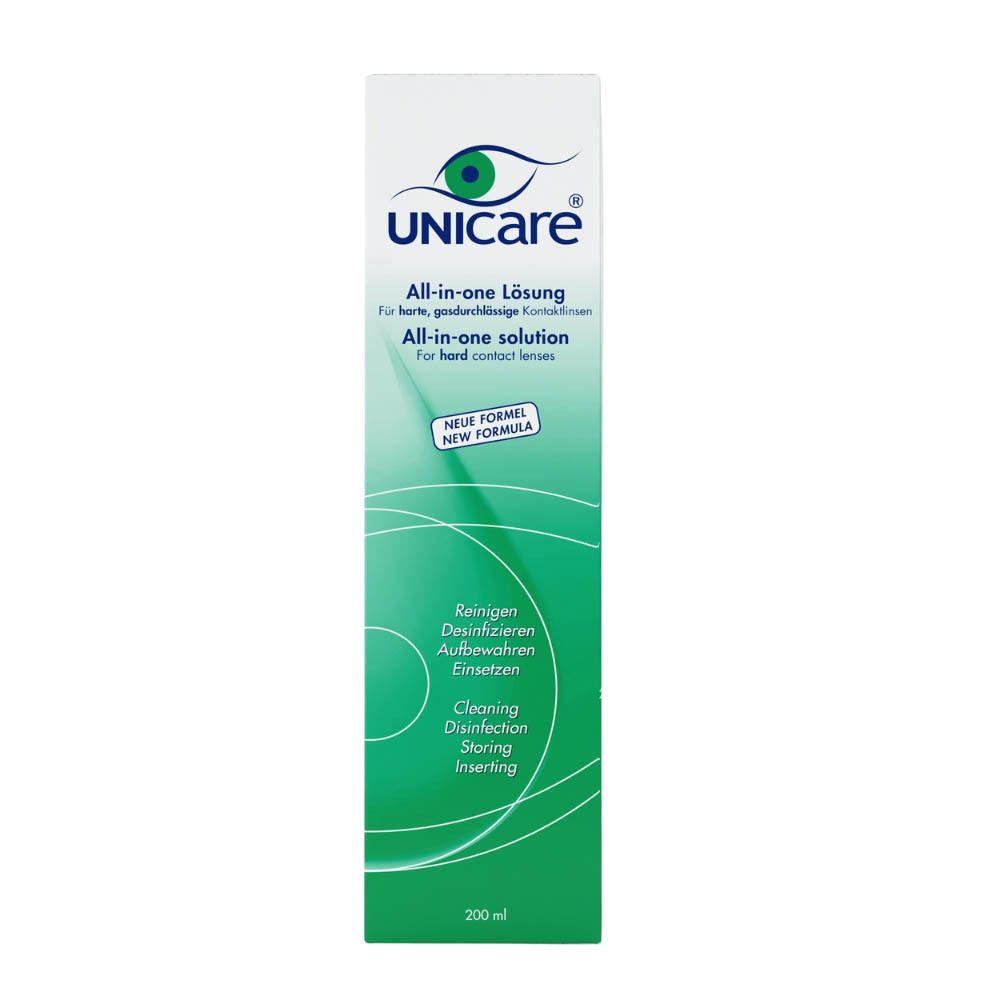 Productverpakking. Doos met tekst in meerdere talen. Merk: Unicare. Voor contactlenzen.