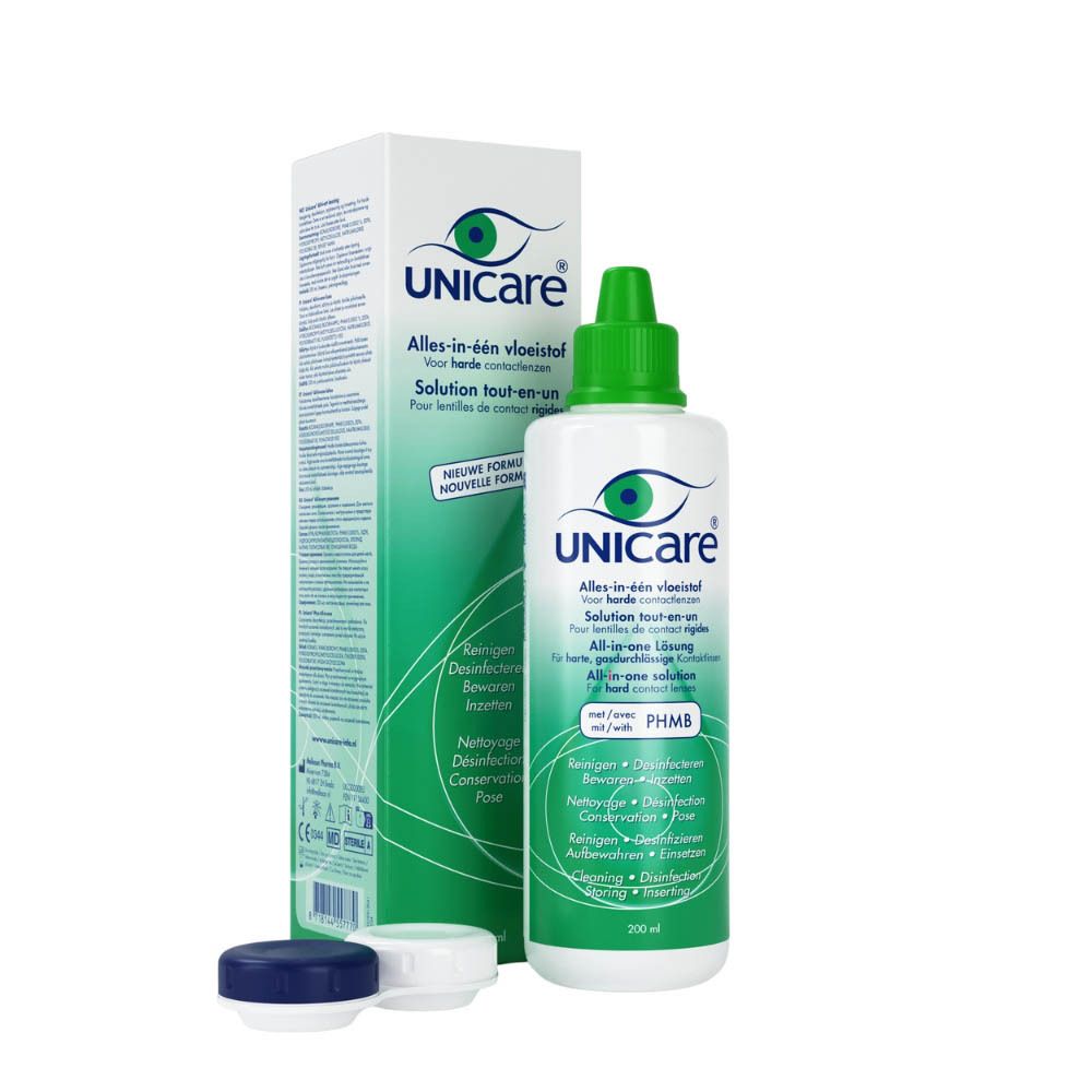 Productverpakking met fles, houder en doos. Merk: Unicare. Voor contactlenzen. Tekst in meerdere talen.