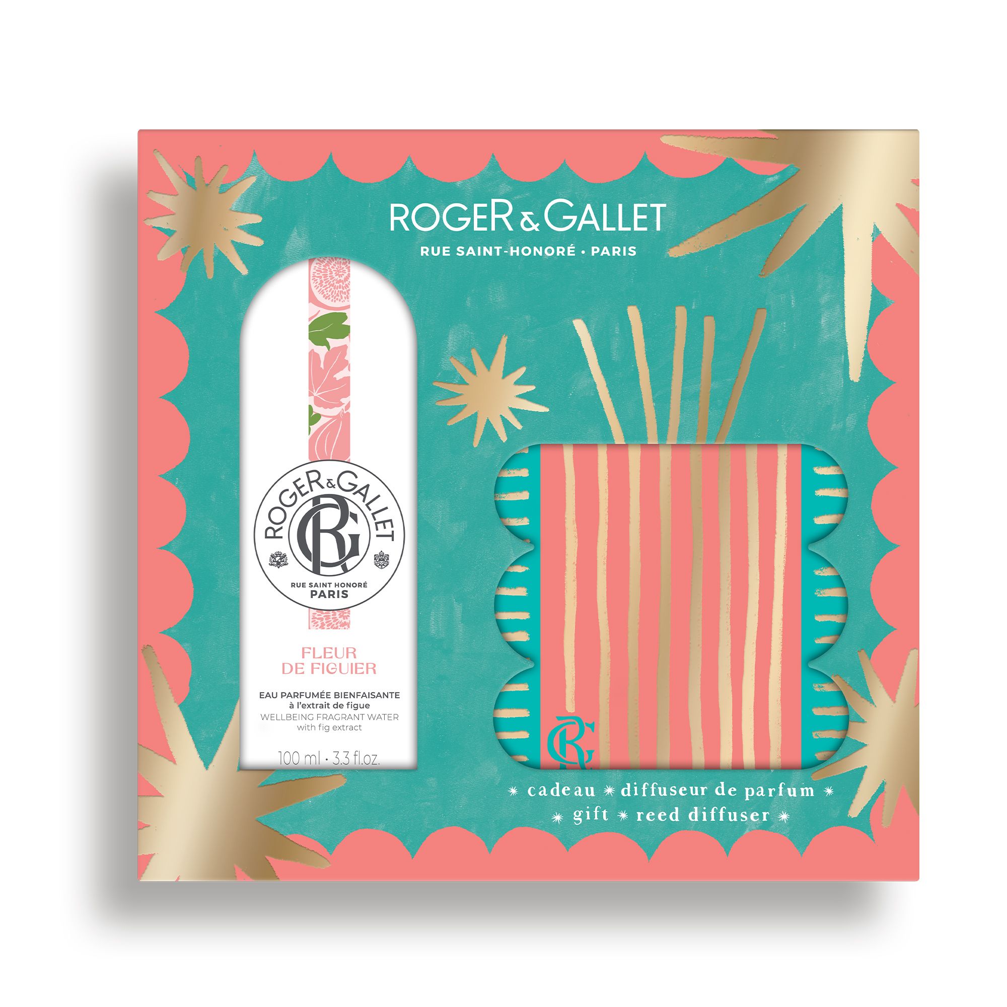 Geschenkset met Eau Parfumée Bienfaisante, diffuser en stokjes. Turquoise en roze verpakking met sterren. Tekst: Roger & Gallet.