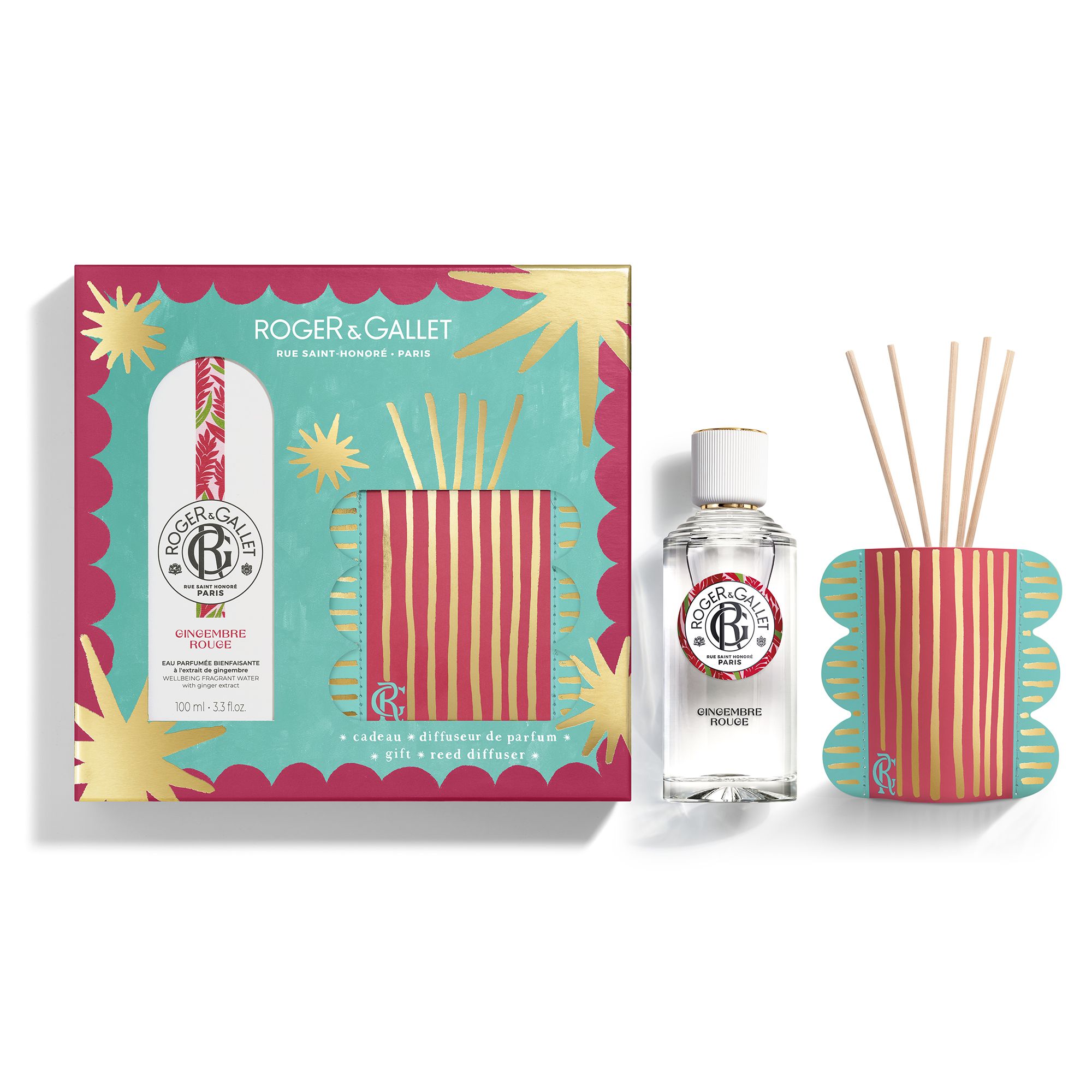 Productset met fles, diffuser en stokjes. Turquoise, roze en goud. Tekst: Roger & Gallet, Gingembre Rouge.