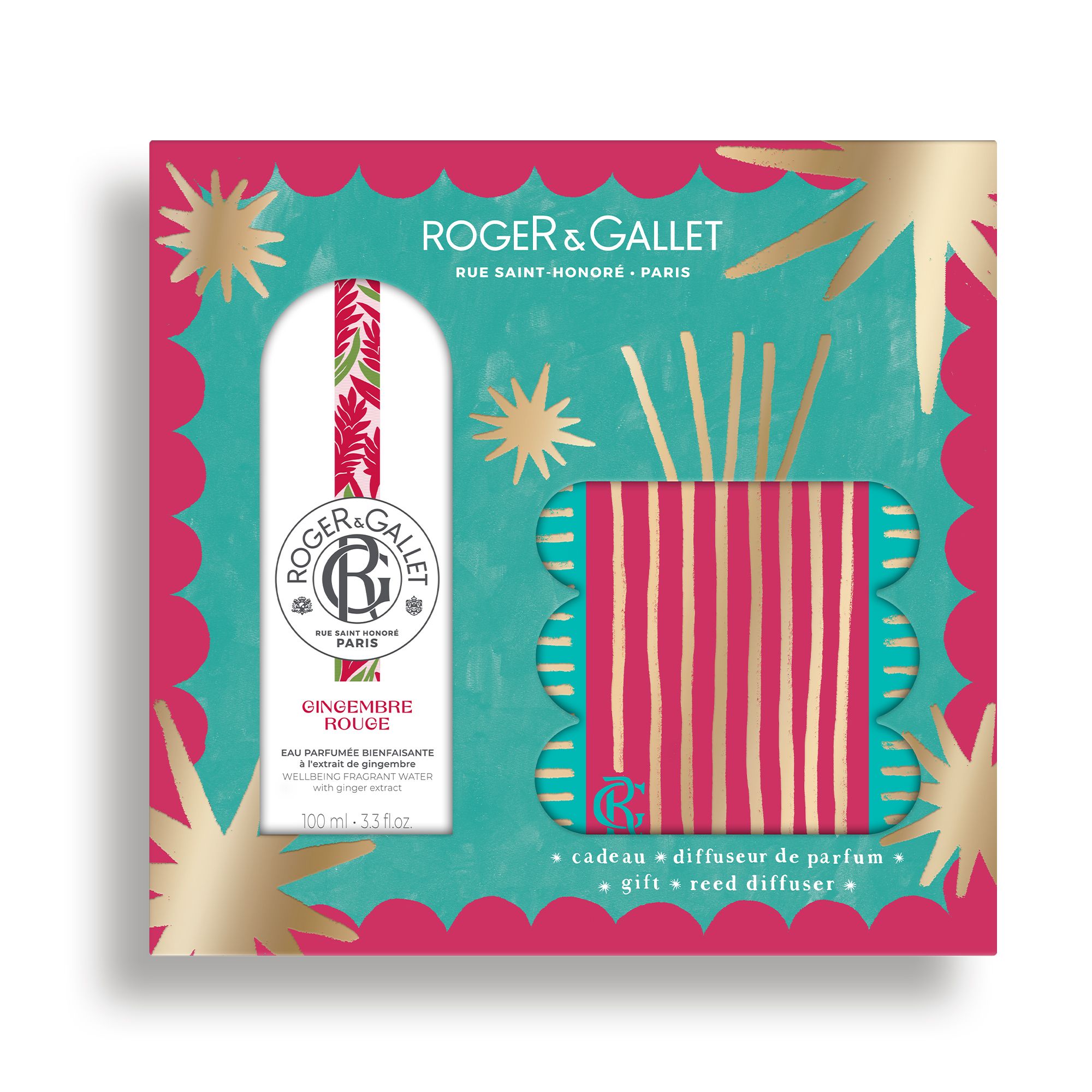 Ensemble produit avec flacon, diffuseur et bâtonnets. Turquoise, rose et doré. Texte: Roger & Gallet, Gingembre Rouge.