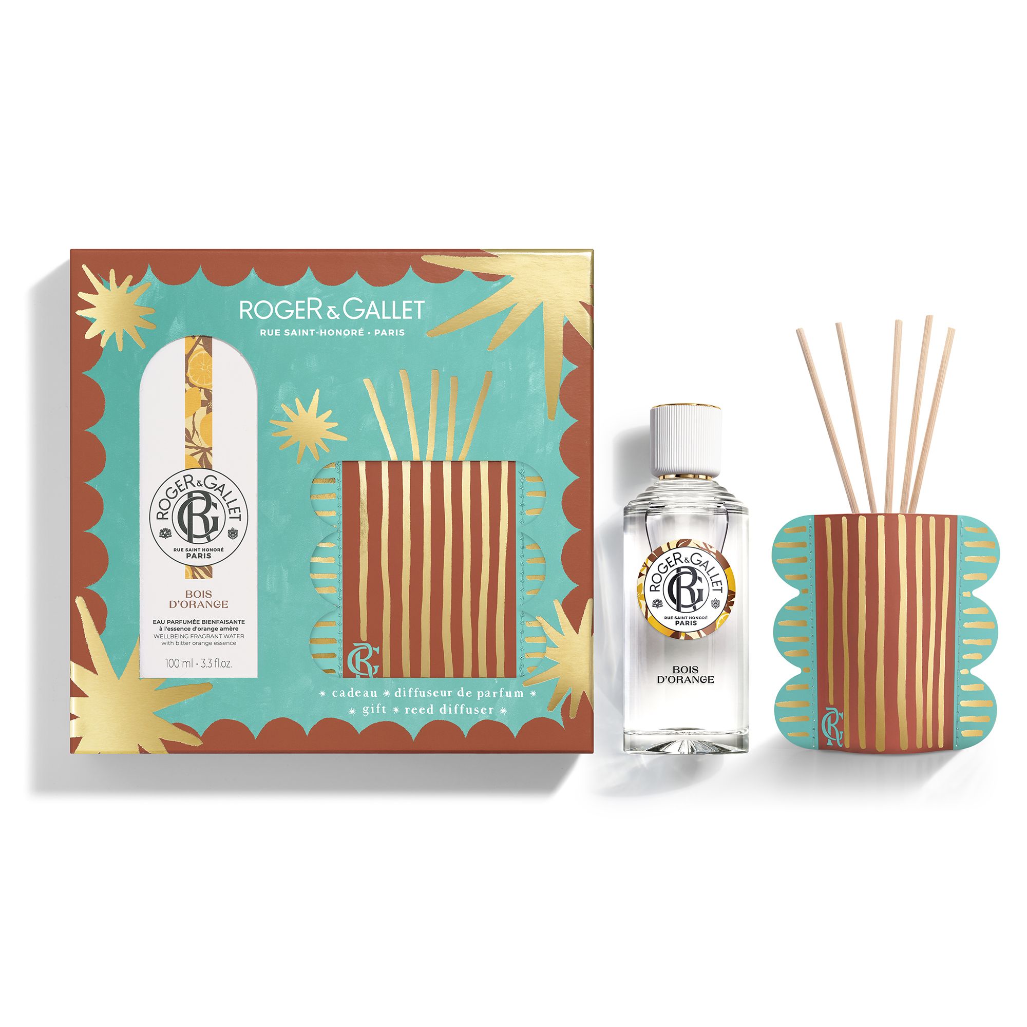 Coffret cadeau Eau Parfumée Bienfaisante Bois d'Orange et diffuseur. Produits individuels à côté de l'emballage.