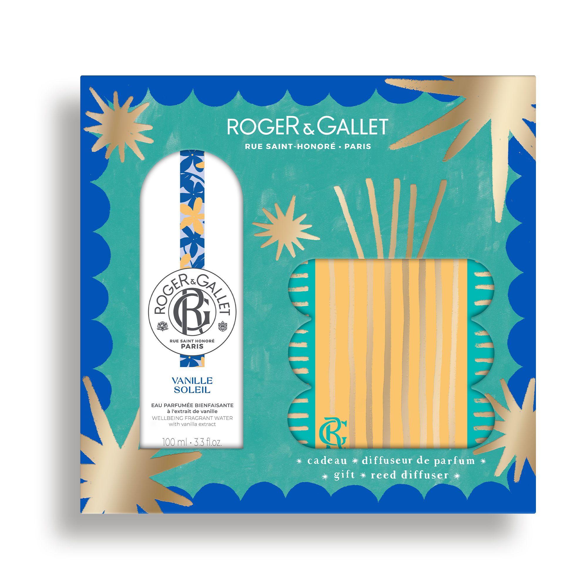 Geschenkset Roger & Gallet. Blauwe doos met sterren en golven. Eau parfumée, diffuser en stokjes. Vanille Soleil.