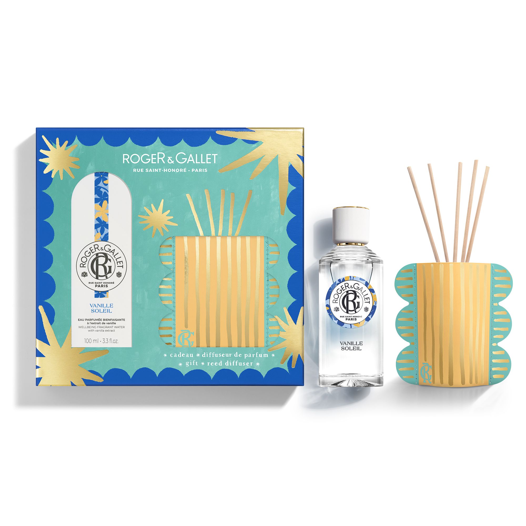Coffret cadeau Roger & Gallet. Eau parfumée, diffuseur et bâtonnets. Boîte bleue avec étoiles et vagues. Vanille Soleil.