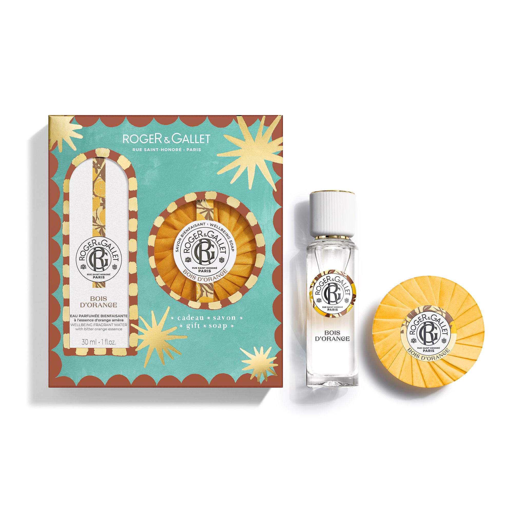 Ensemble produit avec Eau Parfumée, savon et flacon. Boîte turquoise avec étoiles. Produits sur fond blanc.