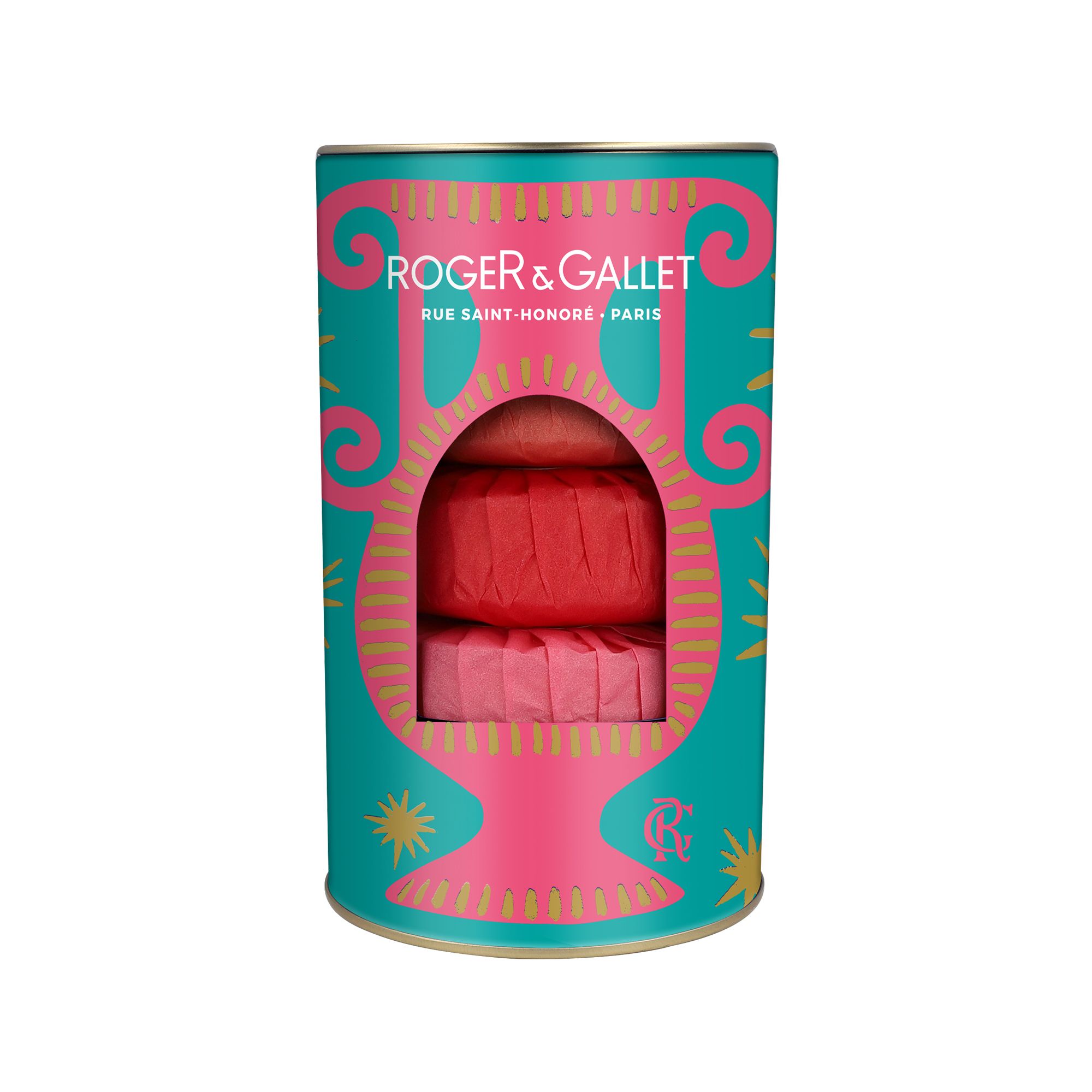 Boîte cylindrique avec trois savons. Décor turquoise, rouge et doré. Logo Roger & Gallet.