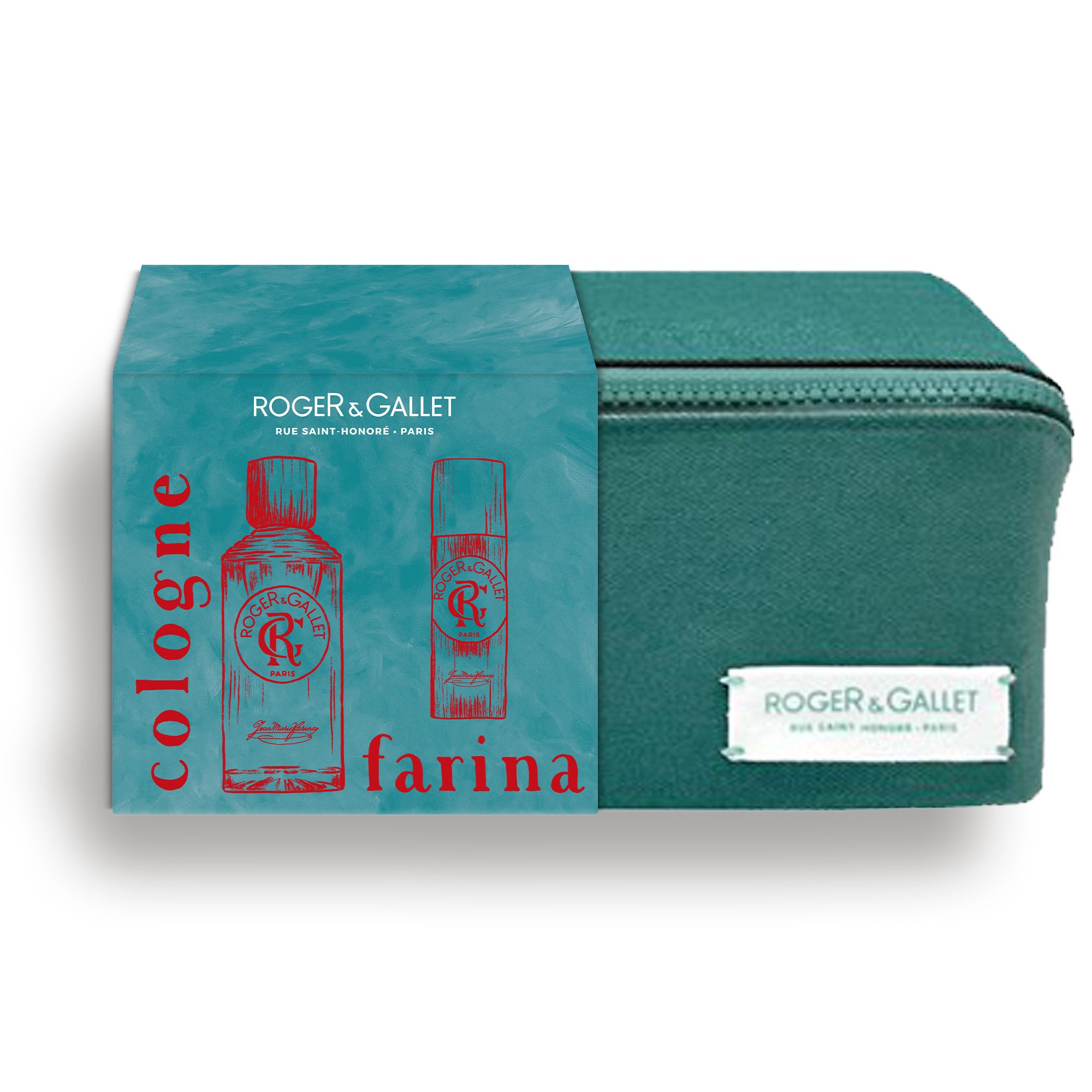 Turquoise geschenkverpakking met toilettas. Roger & Gallet, Farina, illustraties van Eau de Cologne en deodorant. Tas met rits.