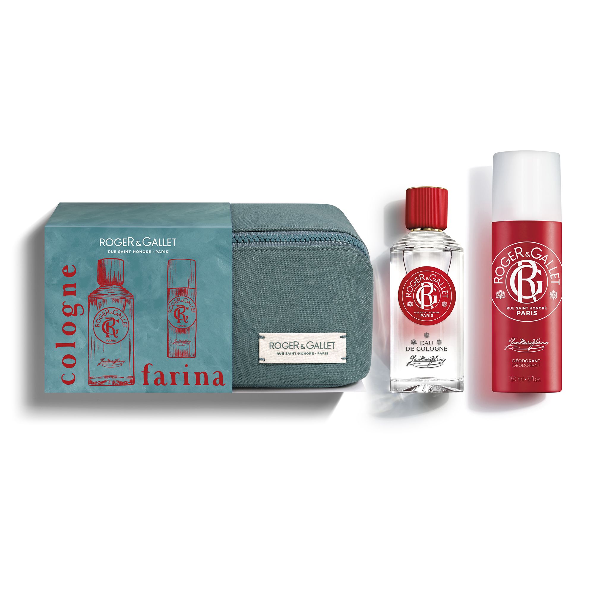 Coffret cadeau avec Eau de Cologne, déodorant et trousse. Roger & Gallet, Farina. Flacons d'Eau de Cologne et de déodorant.