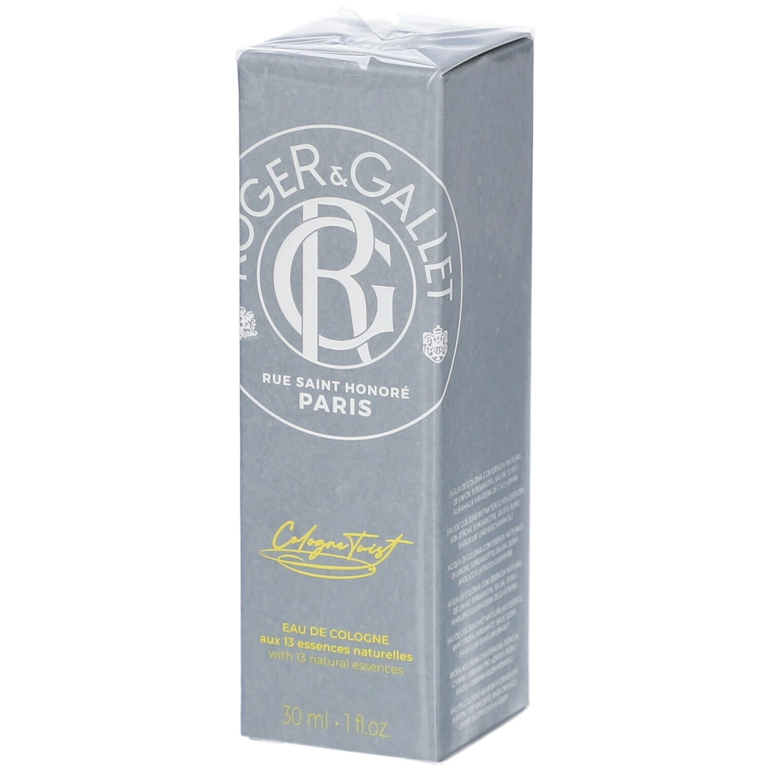 Grijze rechthoekige doos met logo en tekst. Opschrift: Eau de Cologne, 30 ml - 1 fl oz. Verpakt in folie.