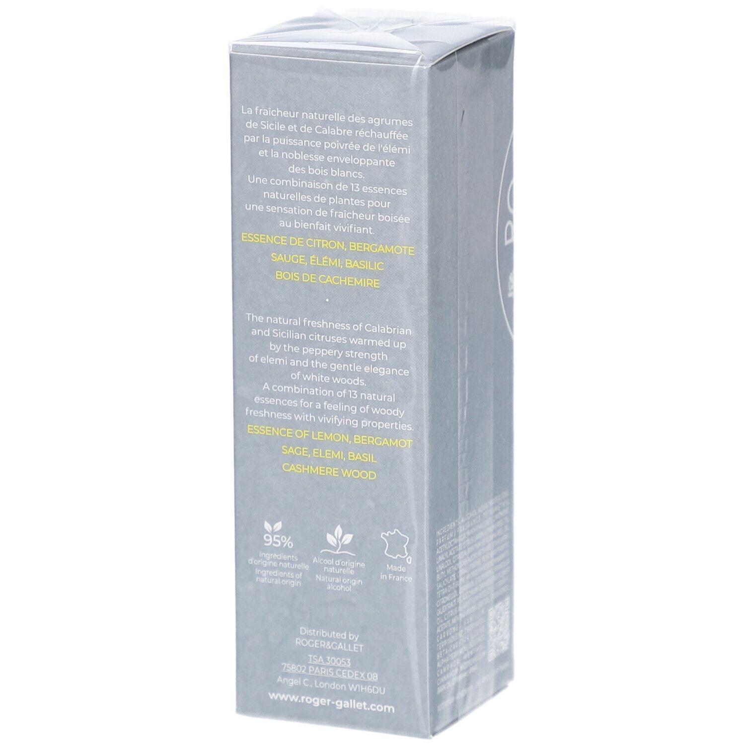 Grijze rechthoekige doos. Opschrift: tekst over ingrediënten en certificeringen. Verpakt in folie.