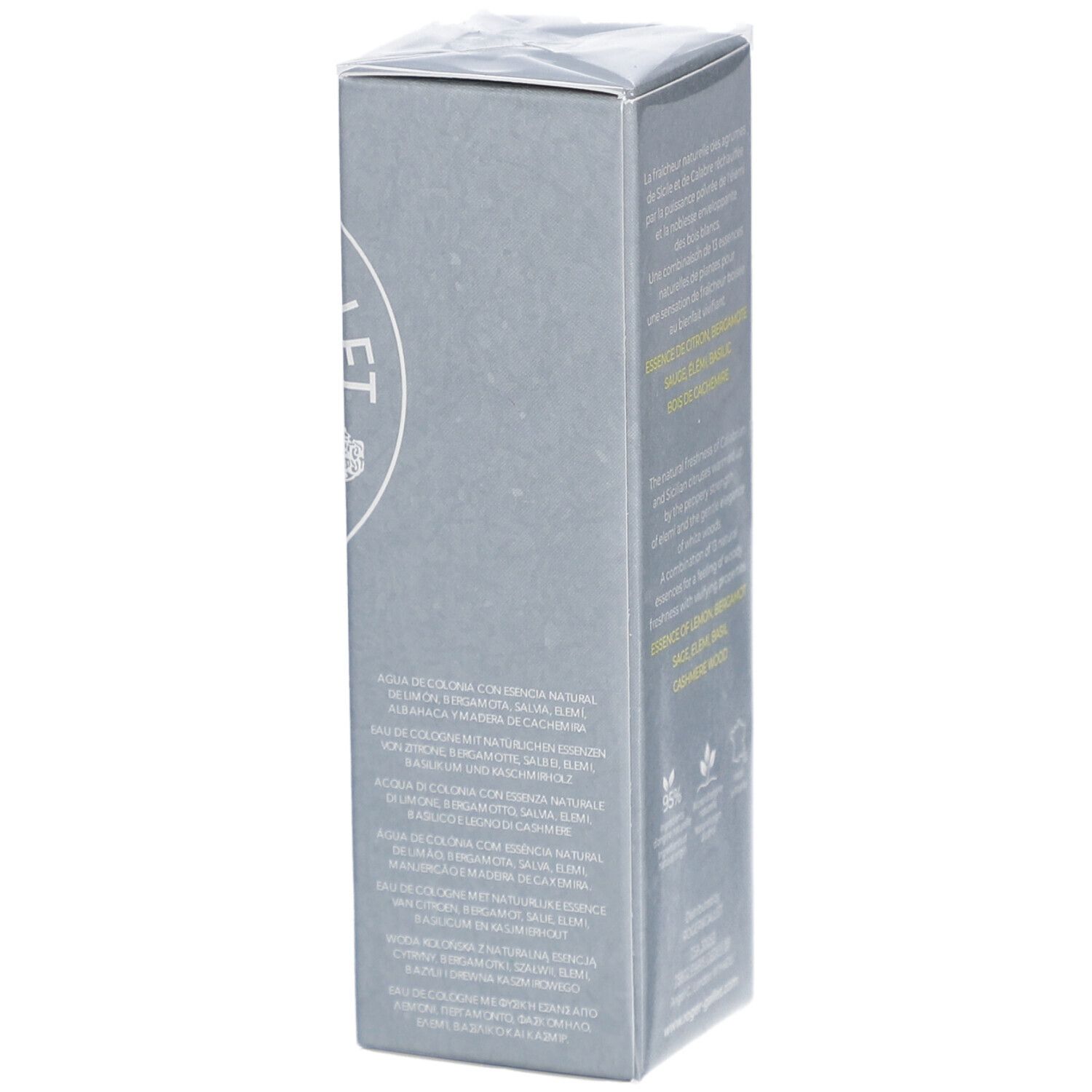 Grijze rechthoekige doos. Opschrift: tekst over ingrediënten. Verpakt in folie.