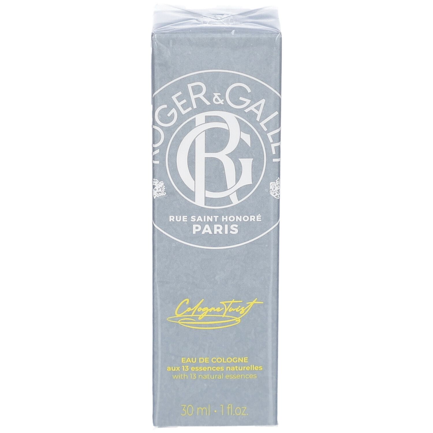 Grijze rechthoekige doos met logo en tekst. Opschrift: Eau de Cologne, 30 ml - 1 fl oz. Verpakt in folie.