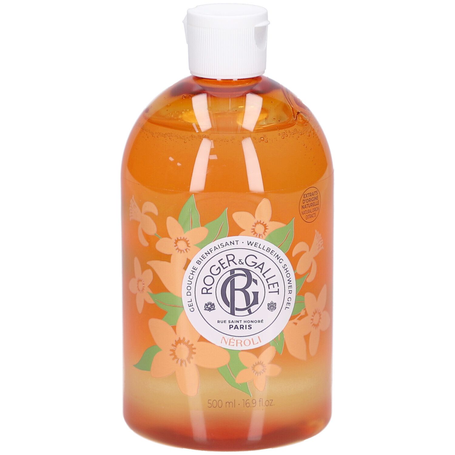 Gel Douche Bienfaisant Neroli. Fles met witte dop. Oranje gel met bloemenmotief. Merk Roger&Gallet.