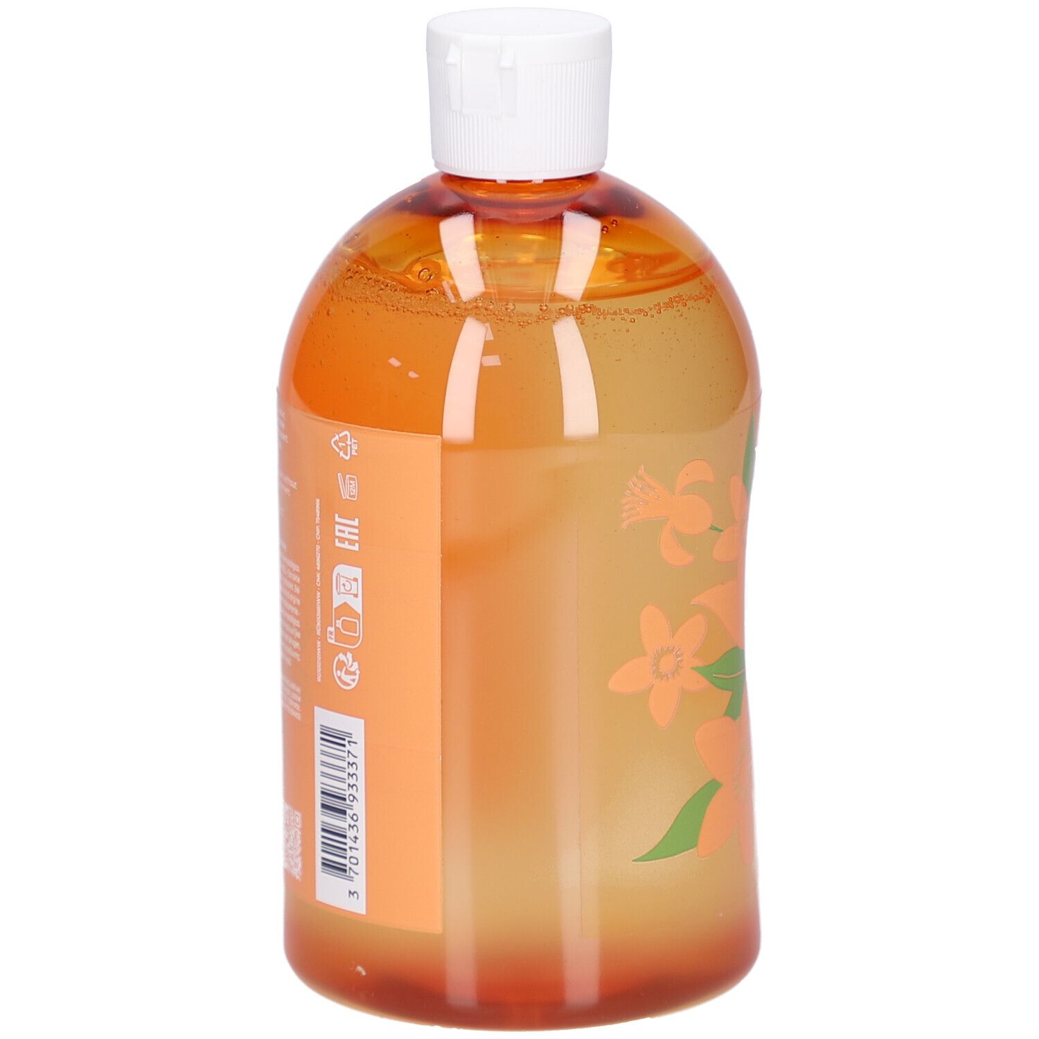 Achteraanzicht van de Gel Douche Bienfaisant Neroli fles. Oranje gel. Etiket met informatie en barcode.