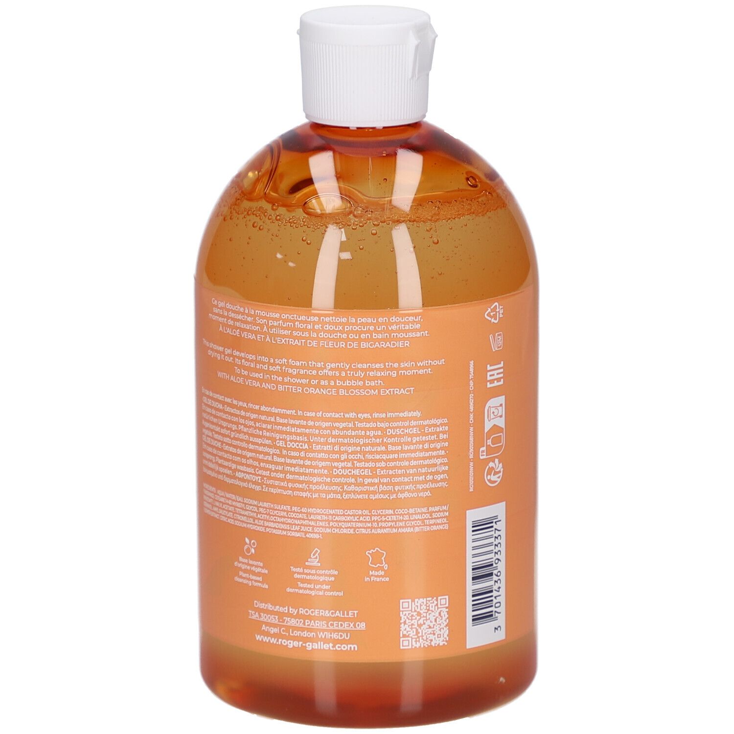 Achteraanzicht van de Gel Douche Bienfaisant Neroli fles. Tekst op etiket. Oranje gel. Witte dop.