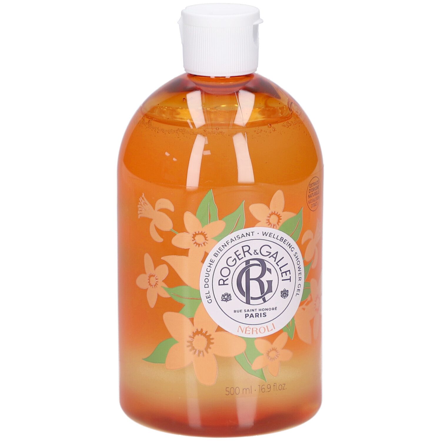 Gel Douche Bienfaisant Neroli. Fles met witte dop. Oranje gel met bloemenmotief. Merk Roger&Gallet.