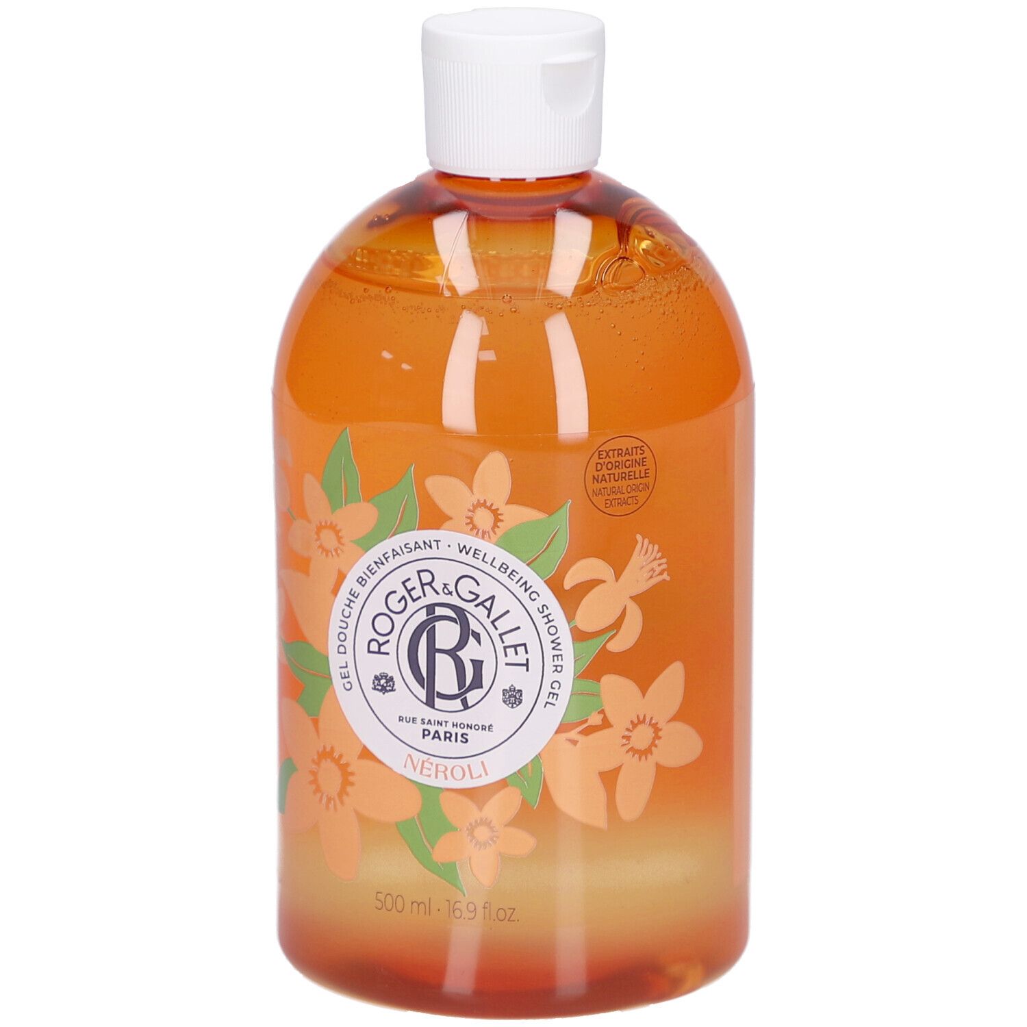 Gel Douche Bienfaisant Neroli. Fles met witte dop. Oranje gel. Bloemenontwerp. Merk Roger&Gallet.