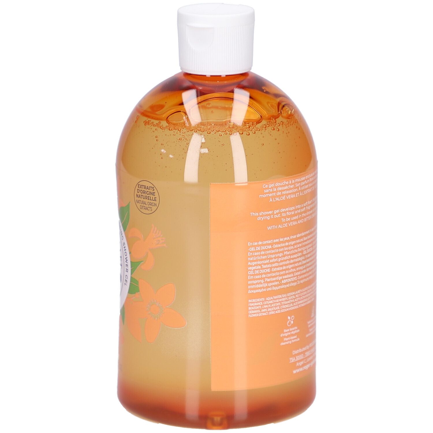 Achteraanzicht van de Gel Douche Bienfaisant Neroli fles. Tekst op etiket. Oranje gel. Witte dop.