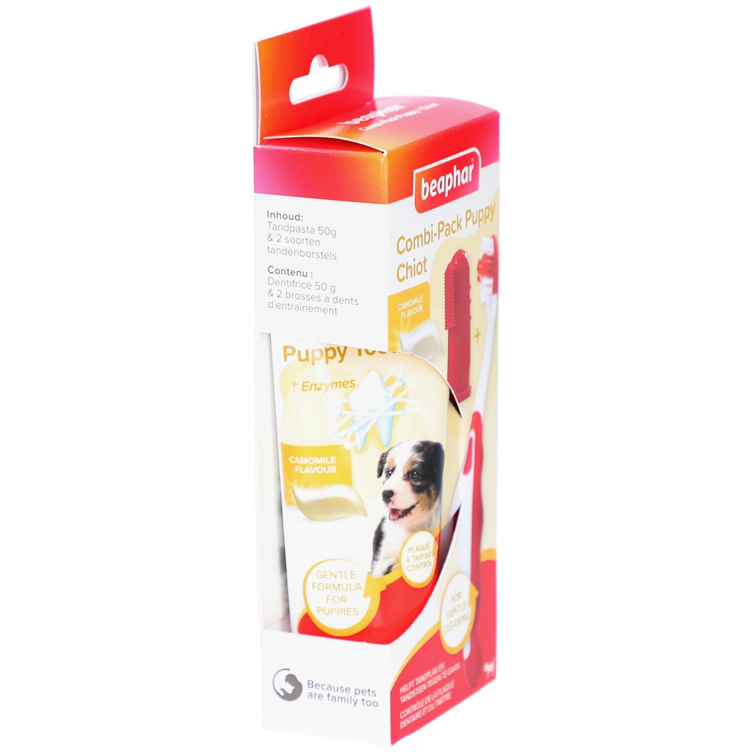 Verpakking Beaphar Combi-Pack Chiot. Bevat tandpasta met enzymen. Bevat 50g tandpasta. Afbeelding van een puppy.
