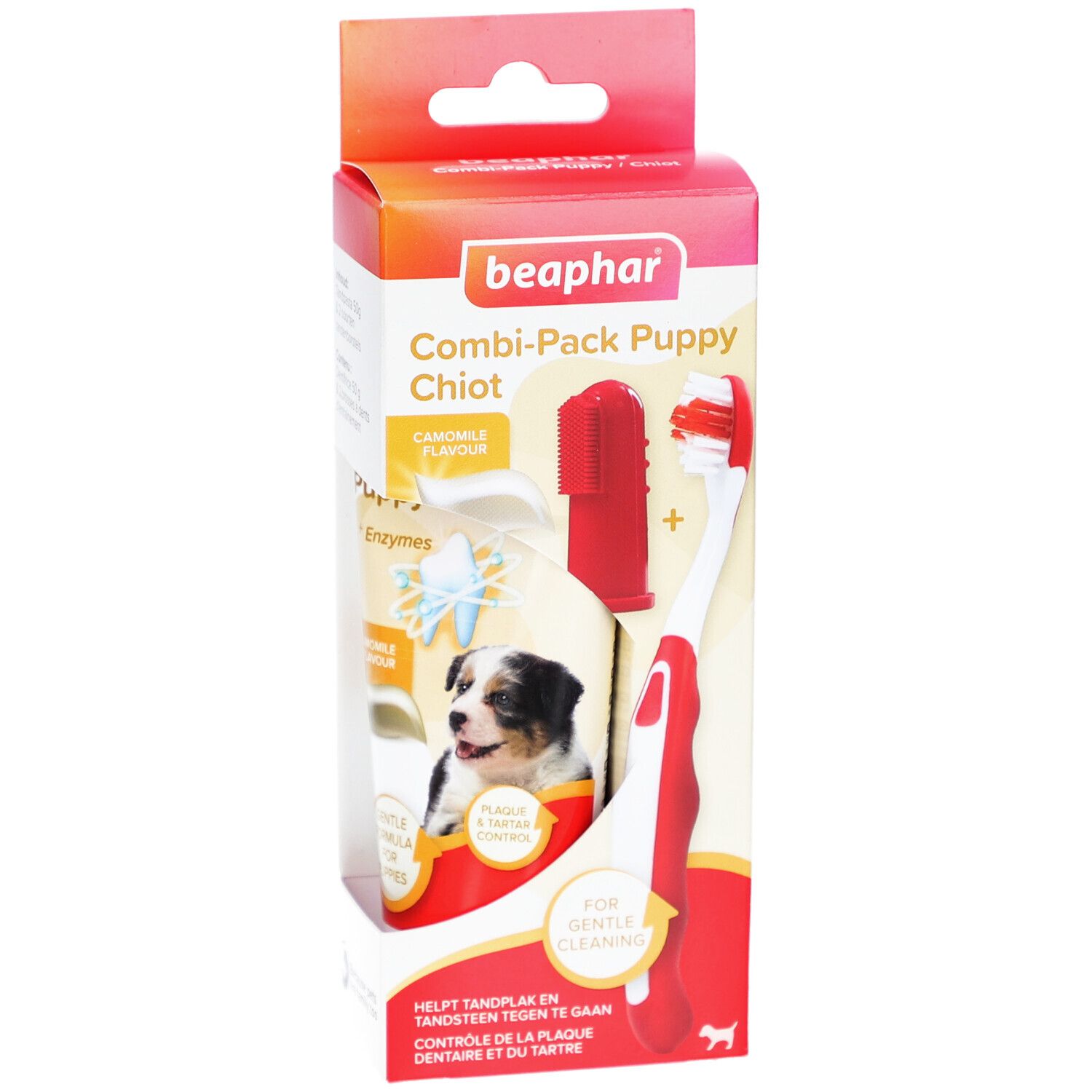 Verpakking Beaphar Combi-Pack Chiot. Bevat tandenborstel, vingerborstel en tandpasta. Rode en witte tandenborstel.