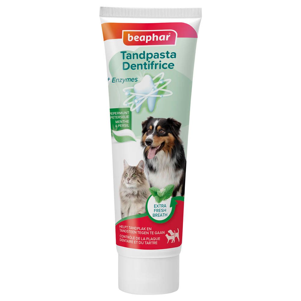 Tandpasta tube met "beaphar" logo. Afbeeldingen van hond en kat. Tekst: Tandpasta Dentifrice, Menthe & Persil, Extra Fresh Breath.