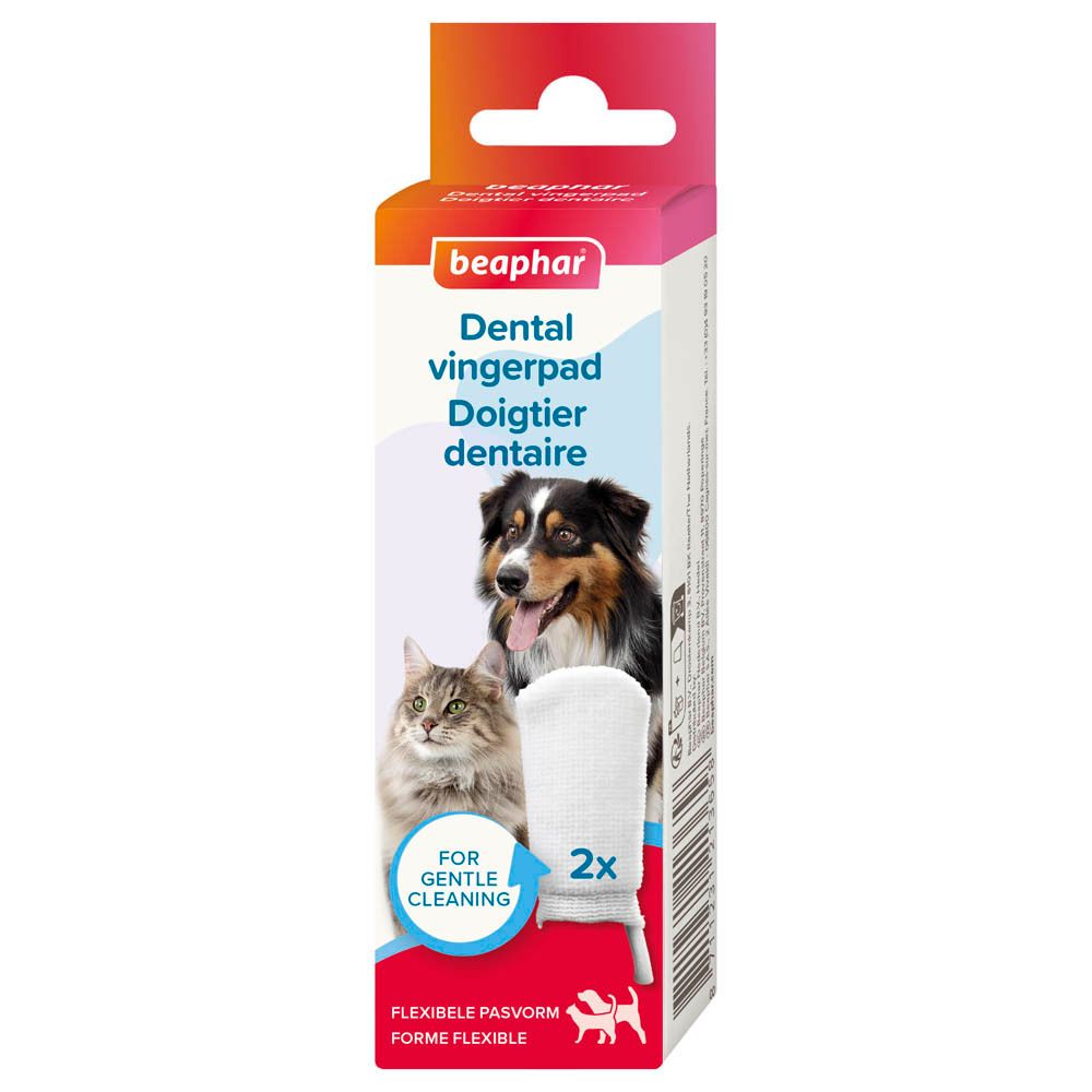 Boîte Beaphar Dental Vingerpad. Image chien et chat. Contient 2 doigts de nettoyage.