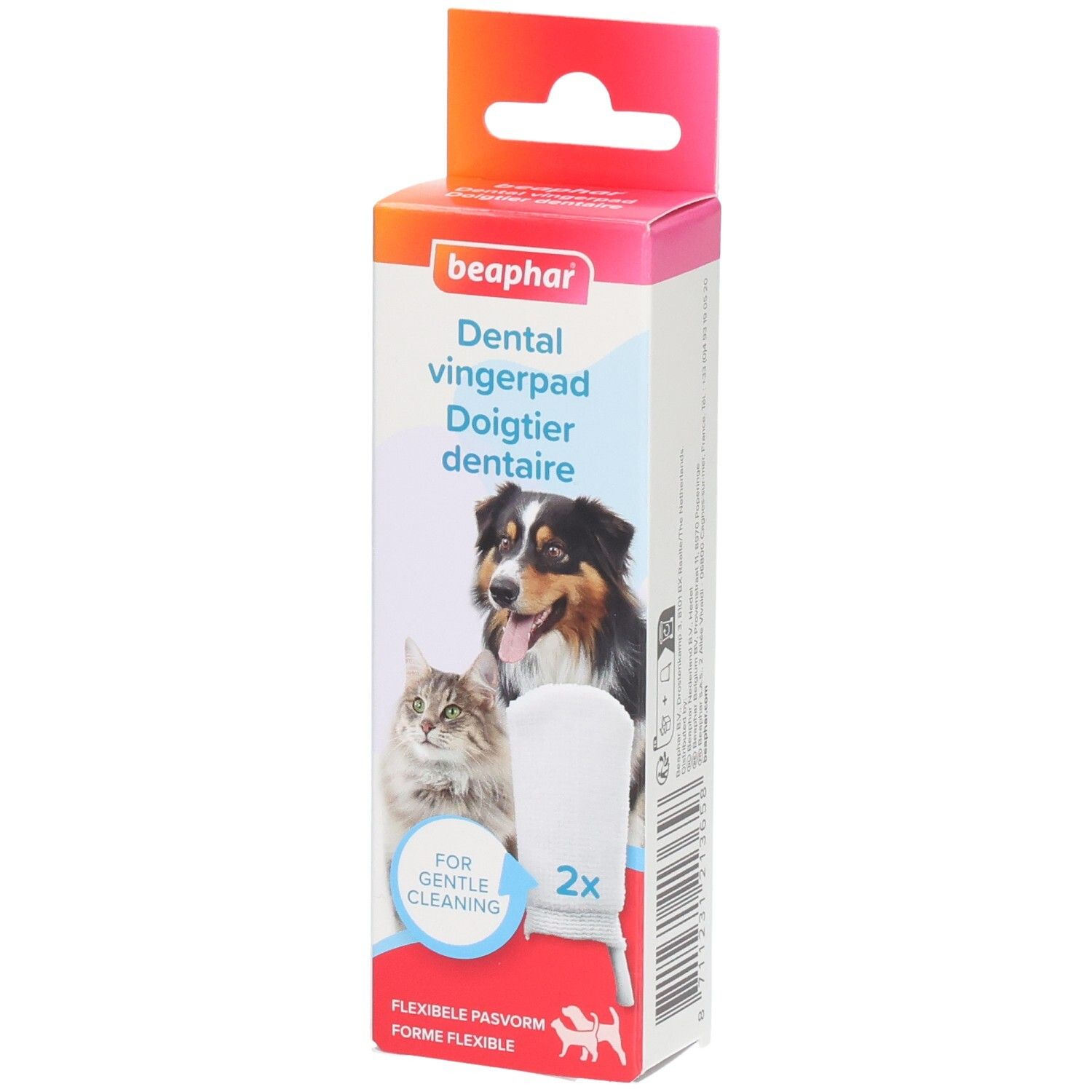 Verpakking Beaphar Dental Vingerpad. Afbeelding hond en kat. Bevat 2 vingertoppen.