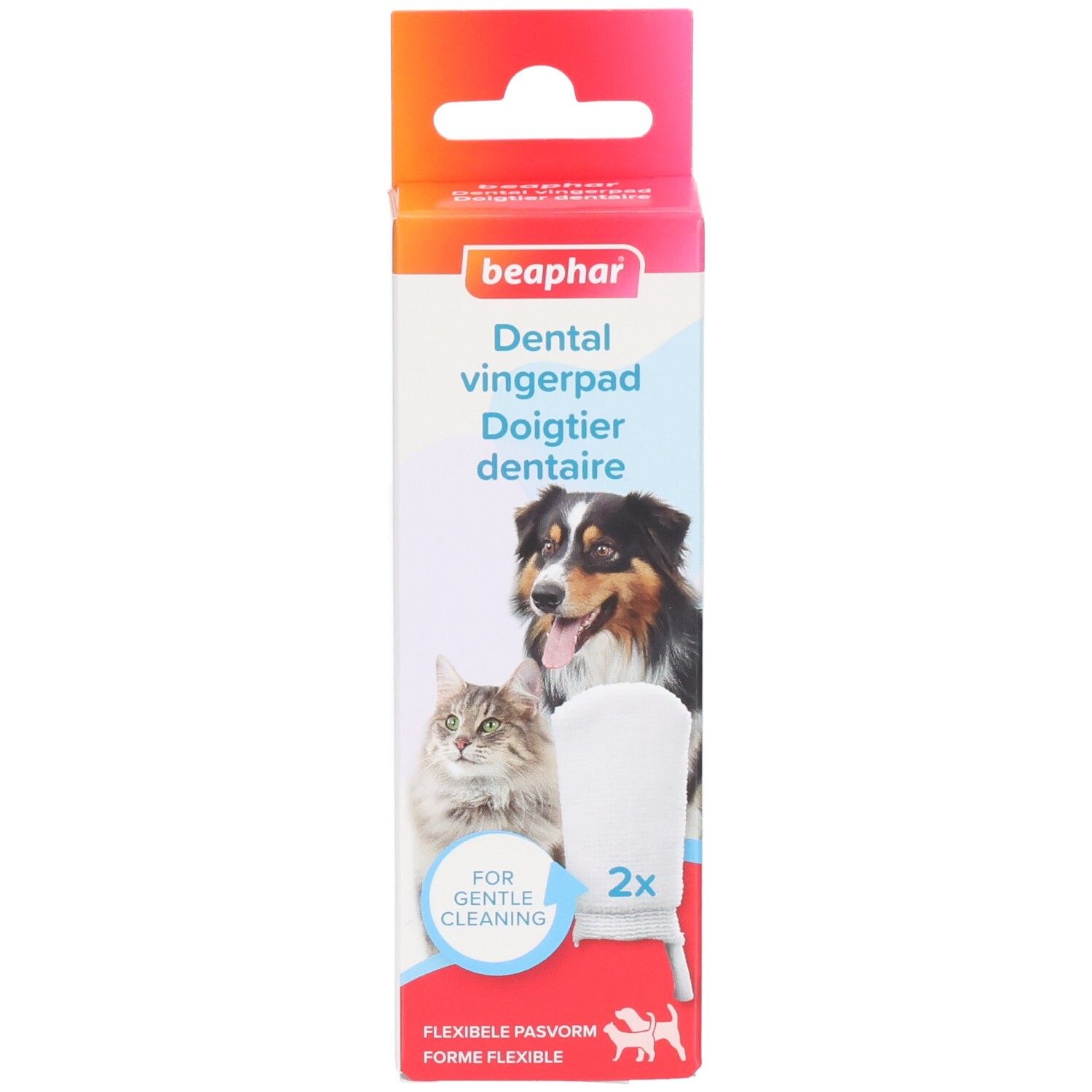 Verpakking Beaphar Dental Vingerpad. Afbeelding hond en kat. Bevat 2 vingertoppen.