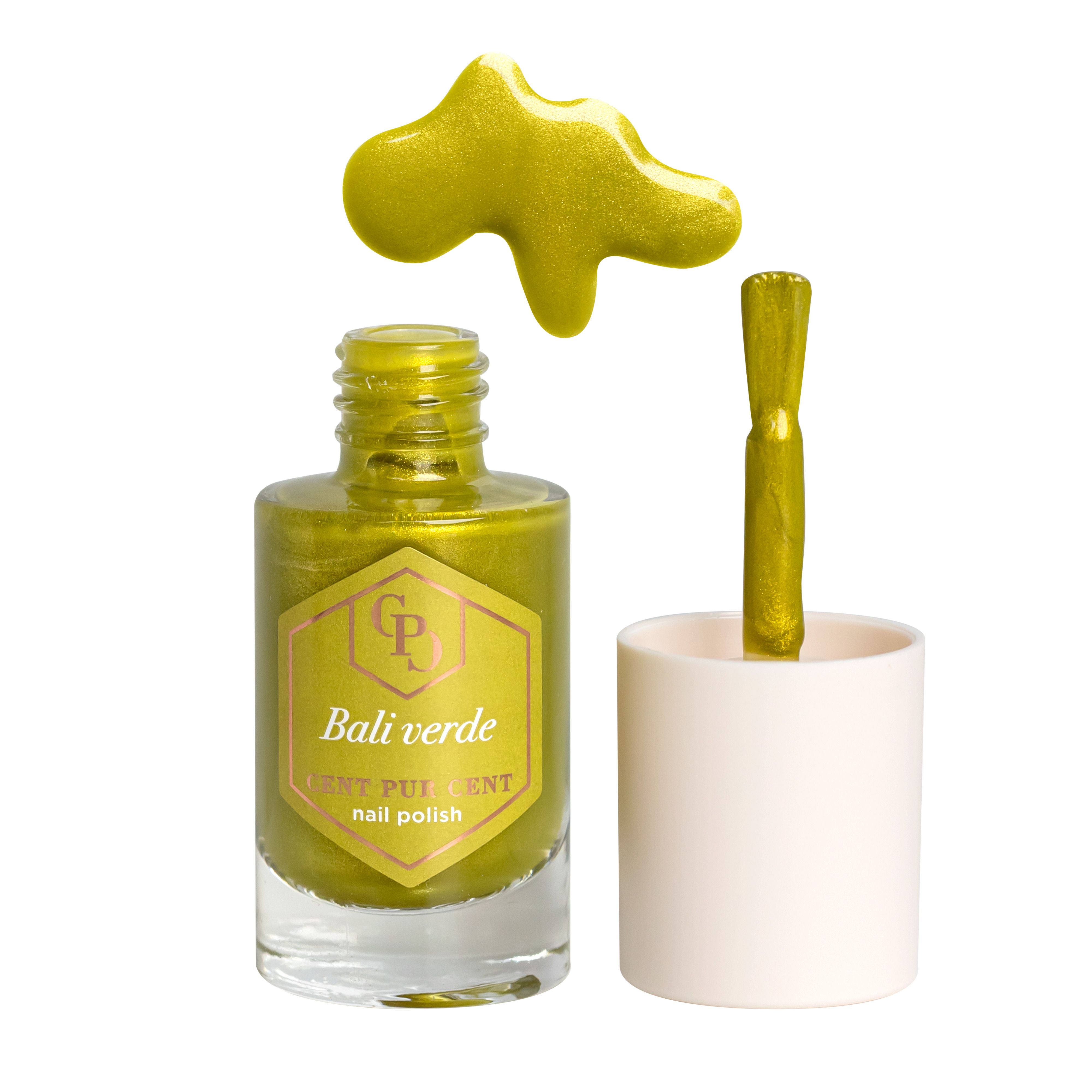 Vernis à ongles vert dans un flacon en verre avec bouchon blanc. Étiquette avec nom du produit et logo.