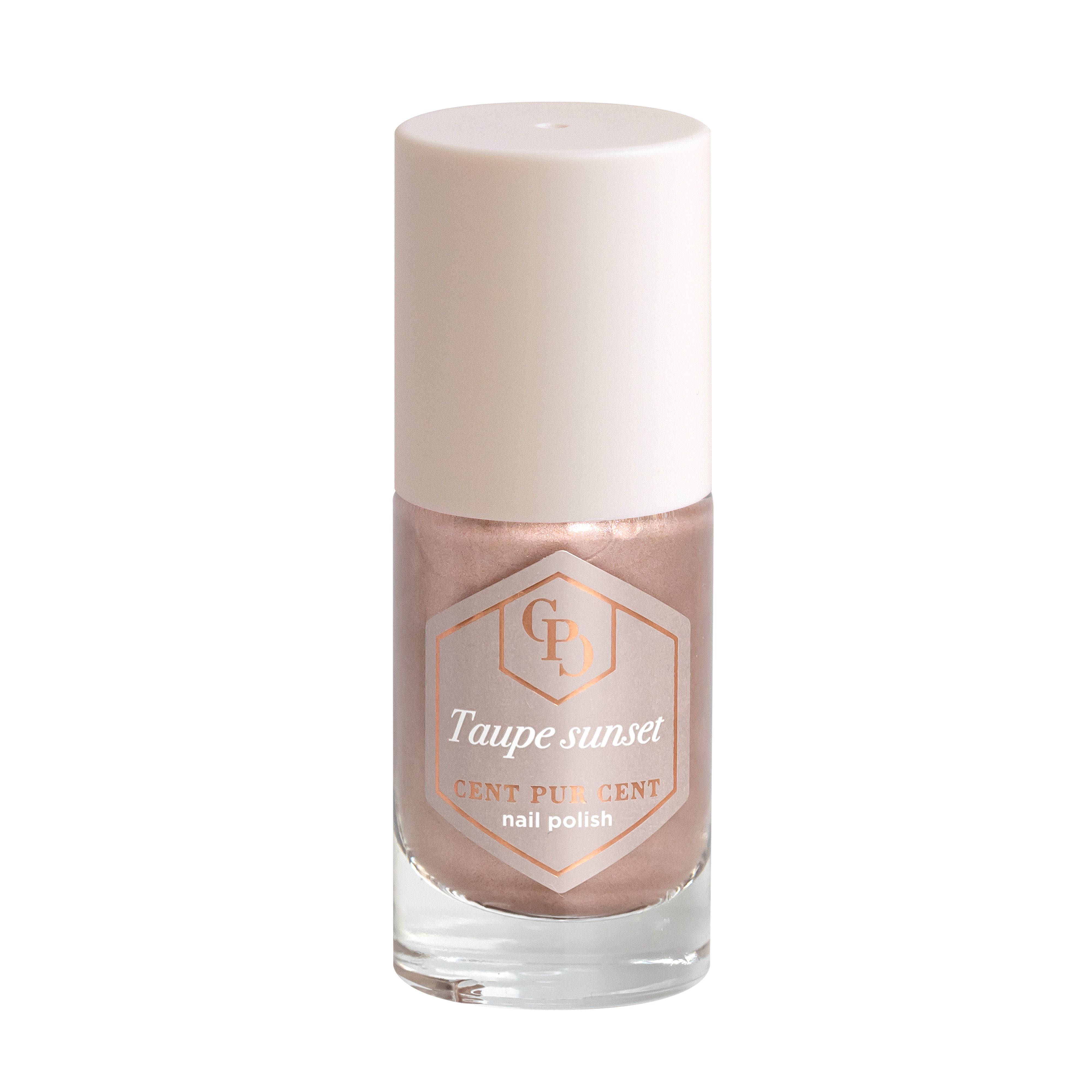 Nagellakflesje met roze-bruine kleur en witte dop. Opschrift: Taupe sunset, Cent Pur Cent nail polish.