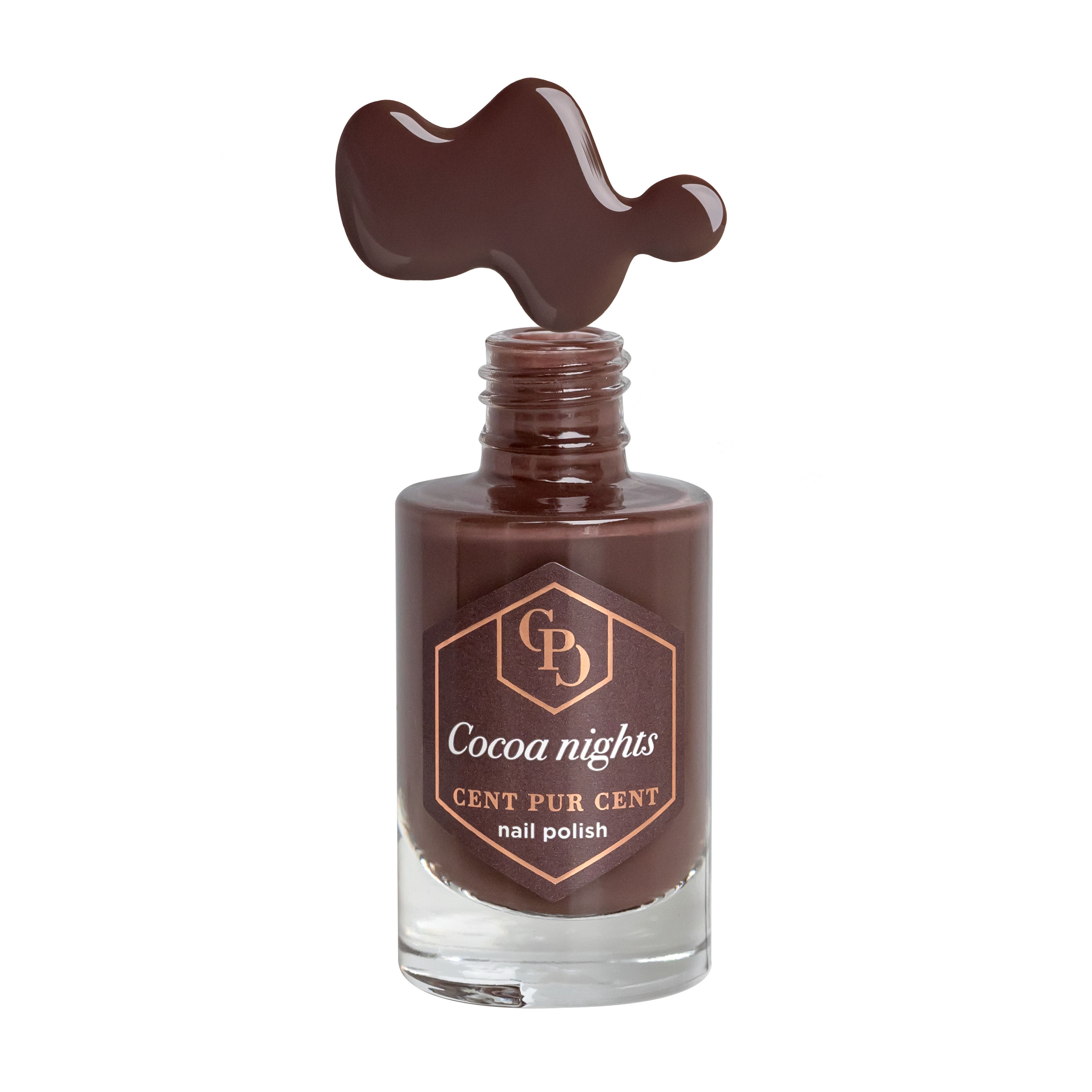 Nagellakflesje met bruine lak, druppel lak en witte dop. Opschrift: Cocoa nights.