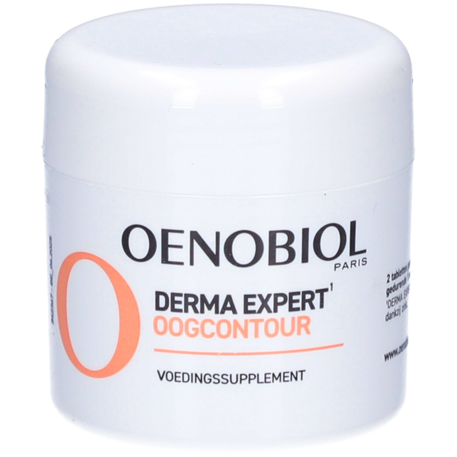 Produit blanc Oenobiol Derma Expert Oogcontour. Inscription et O orange.