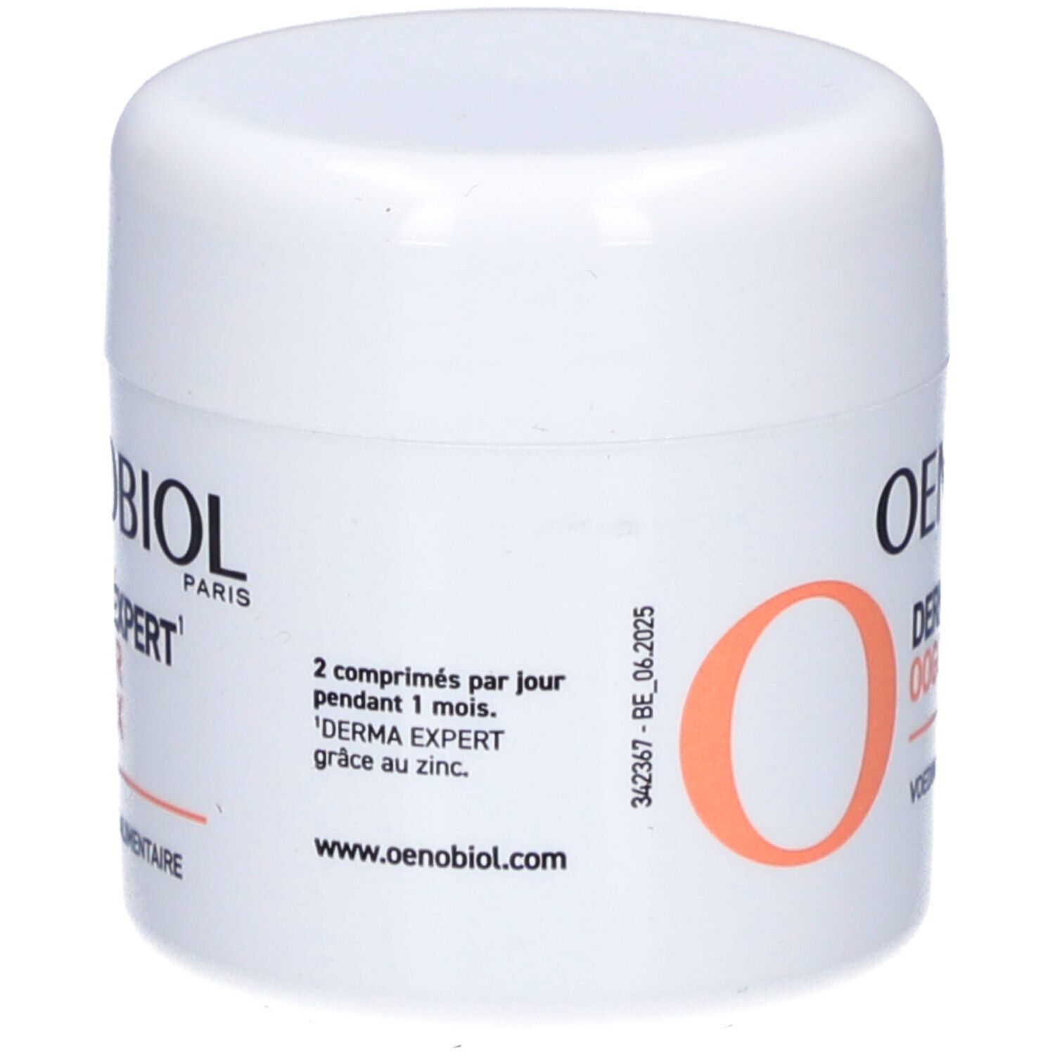Produit blanc Oenobiol Derma Expert Oogcontour. Dos avec texte et O.