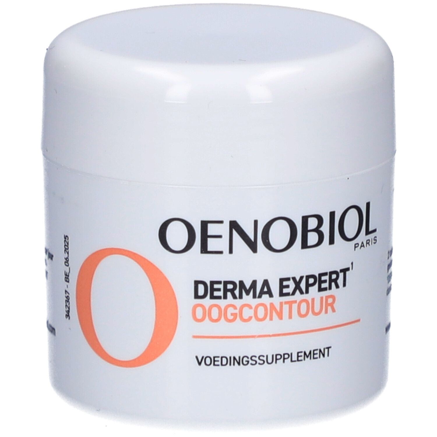 Produit blanc Oenobiol Derma Expert Oogcontour. Dos avec texte et O.
