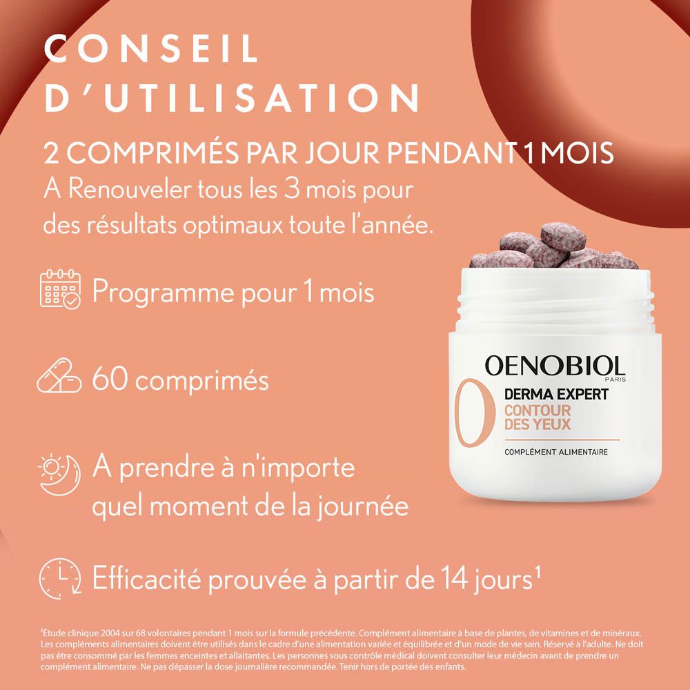 Oenobiol Derma Expert Contour des Yeux. Femme avec produit et texte.