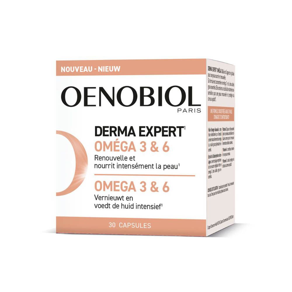Oenobiol Derma Expert Omega 3 & 6. Capsules in een witte pot. Opschrift: Nieuw.