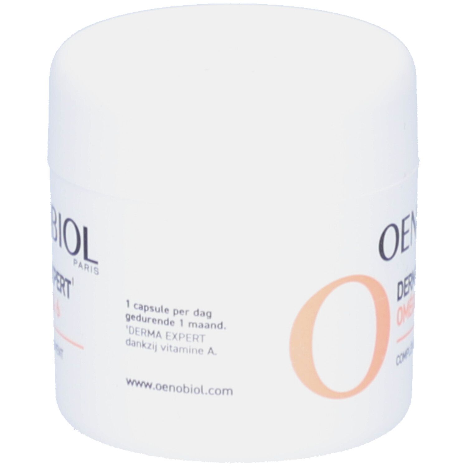 Oenobiol Derma Expert Omega 3 & 6. Witte pot met capsules. Deksel open. Voedingssupplement.