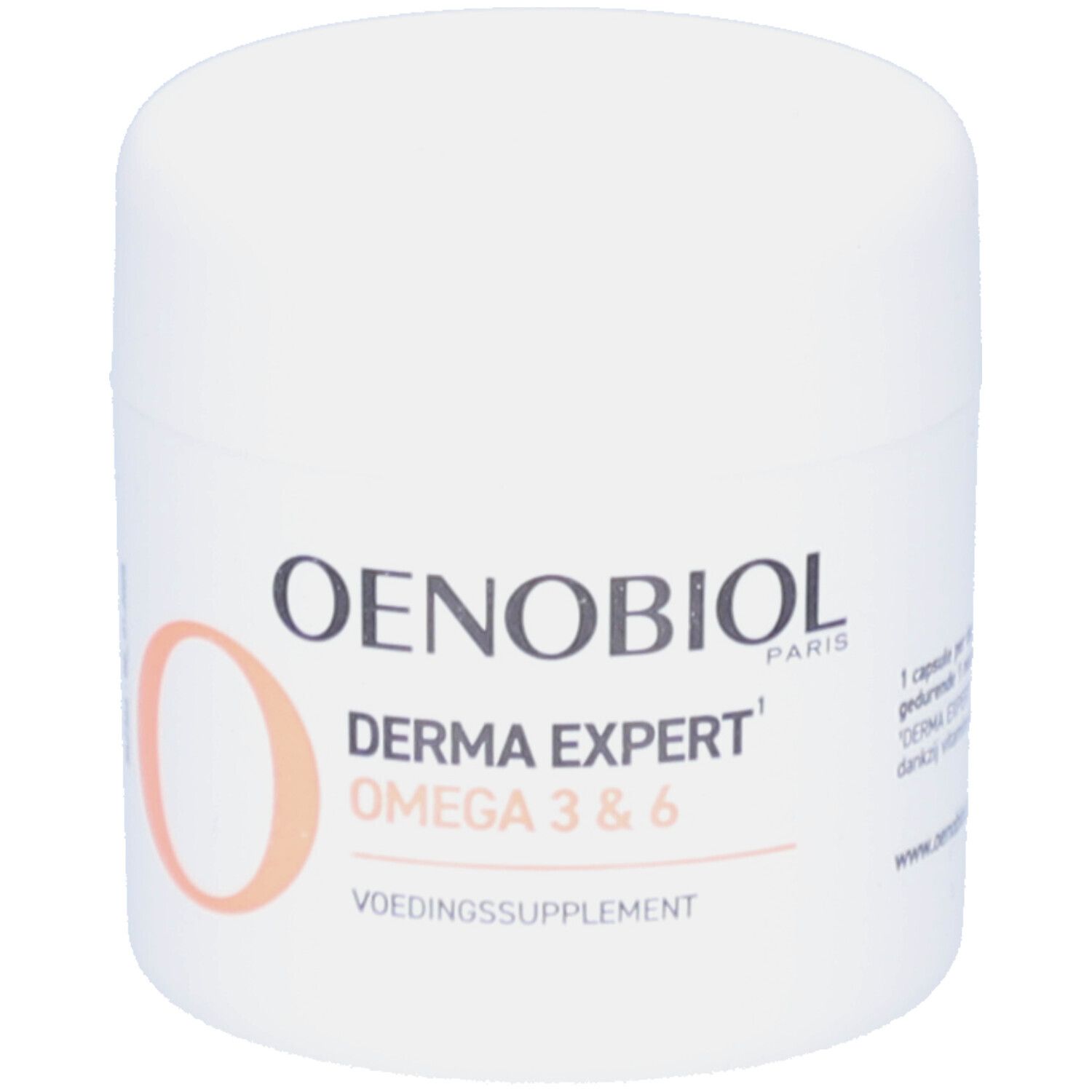 Vrouw met huid. Tekst: Omega 3 & 6, huid, geconcentreerde formule. Oenobiol Derma Expert.
