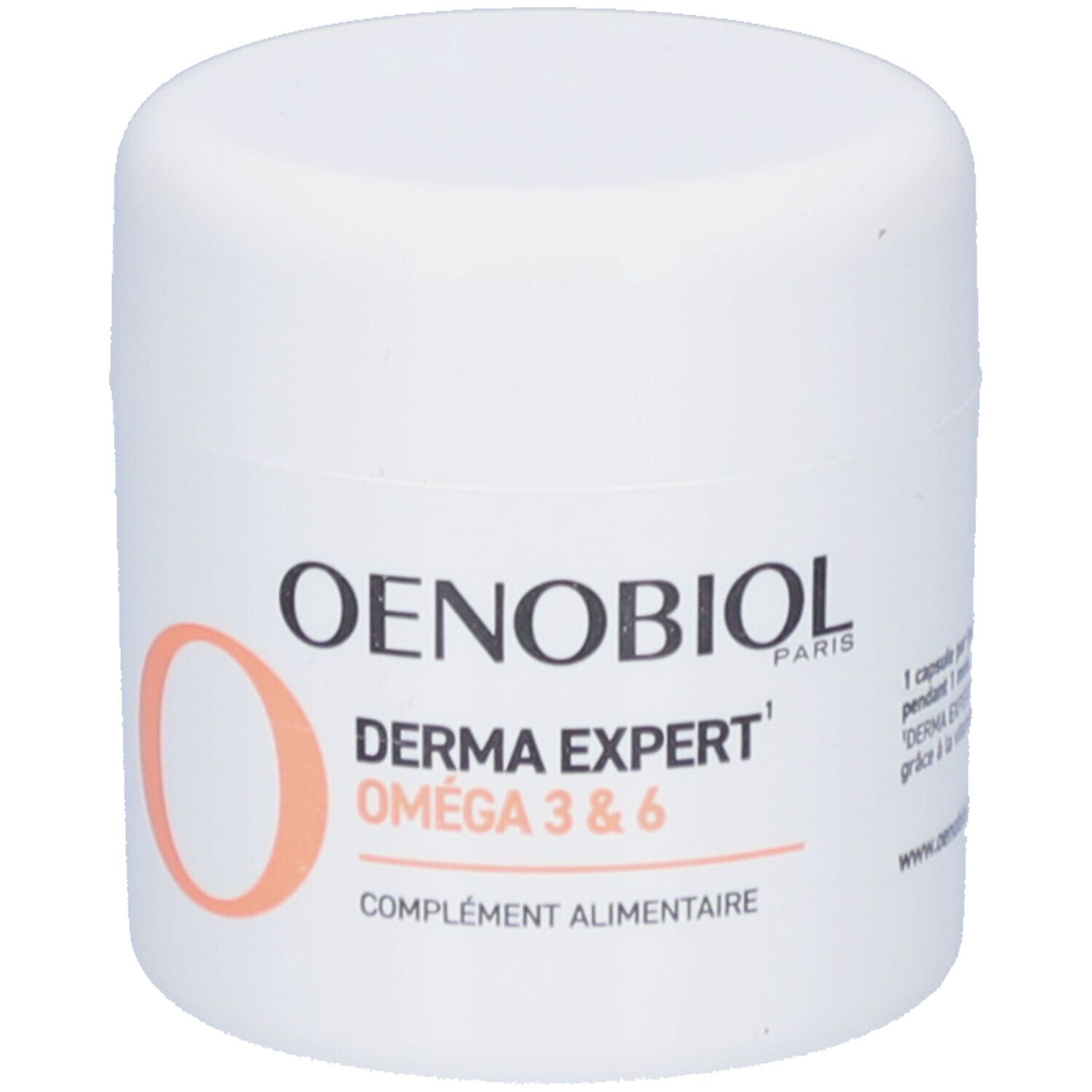 Voedingsinformatie voor Oenobiol Derma Expert Omega 3 & 6. 97% van de ingrediënten zijn plantaardig.