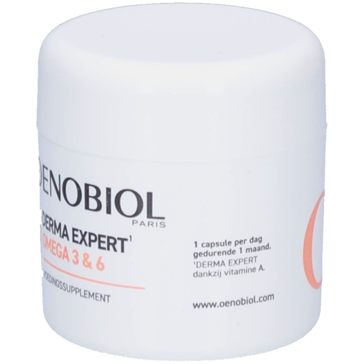 Oenobiol Derma Expert Omega 3 & 6. Witte pot met capsules. Deksel open. Voedingssupplement.