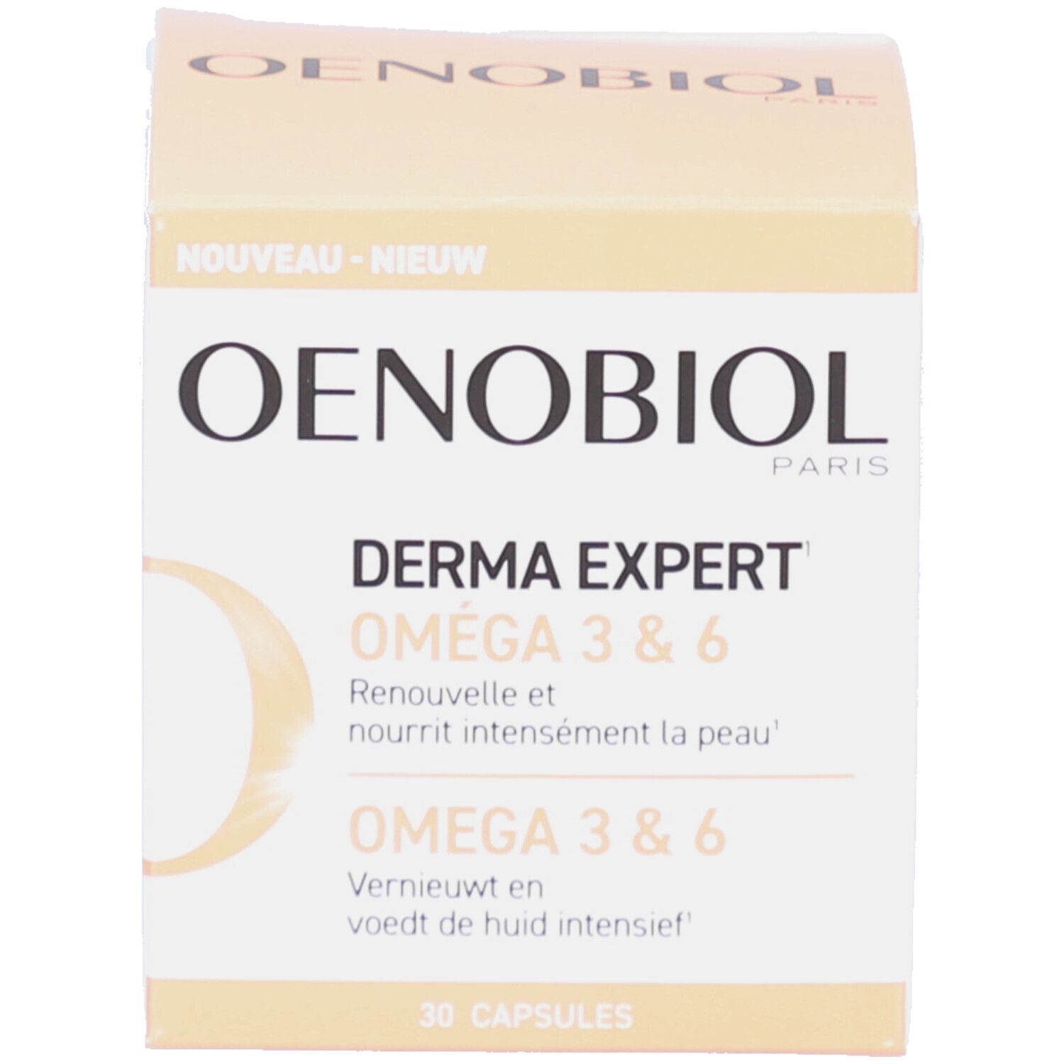 Vrouw met huid. Tekst: Omega 3 & 6, huid, geconcentreerde formule. Oenobiol Derma Expert.