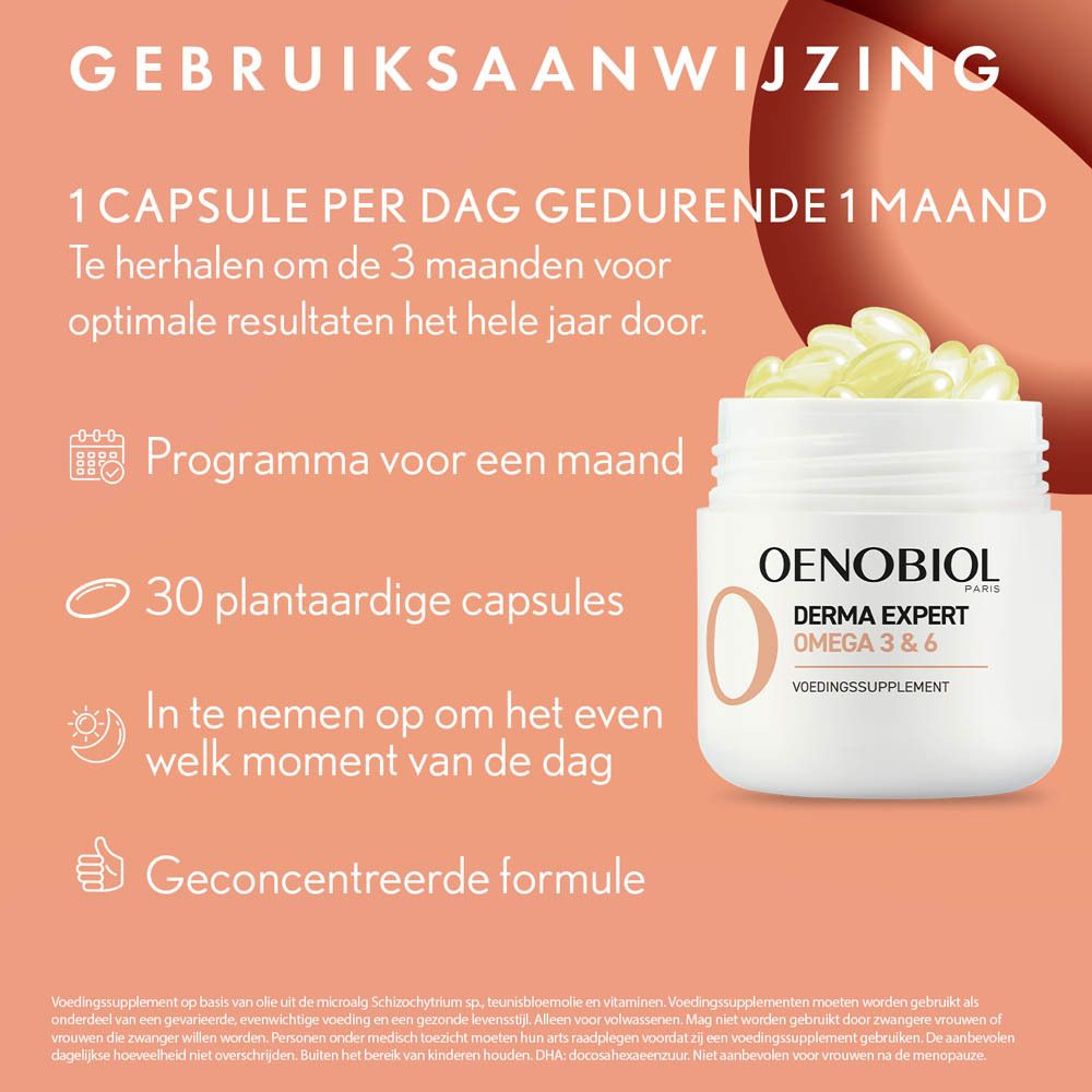 Oenobiol Derma Expert Omega 3 & 6. Witte pot met capsules. Tekst: Voedingssupplement.