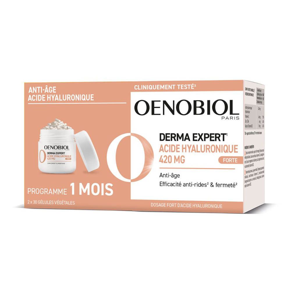 Boîte Oenobiol Derma Expert, 2x30 gélules. Inscription: Anti-âge, Acide Hyaluronique, 420 MG. Programme 1 mois.