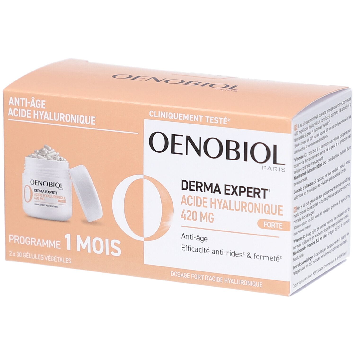 Verpakking Oenobiol Derma Expert, 2x30 capsules. Opschrift: Anti-âge, Acide Hyaluronique, 420 MG. Programma 1 maand.